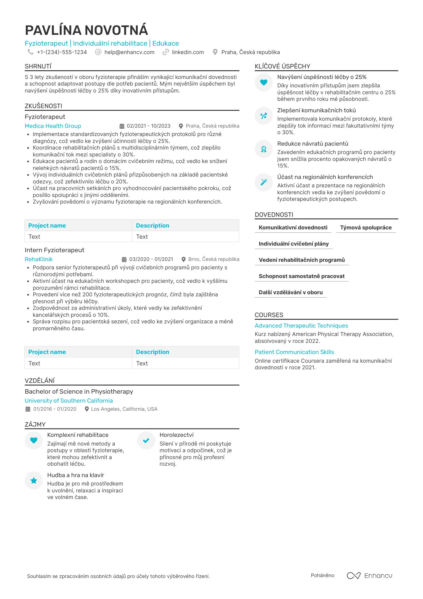 Životopis pro Fyzioterapeut junior Resume Example