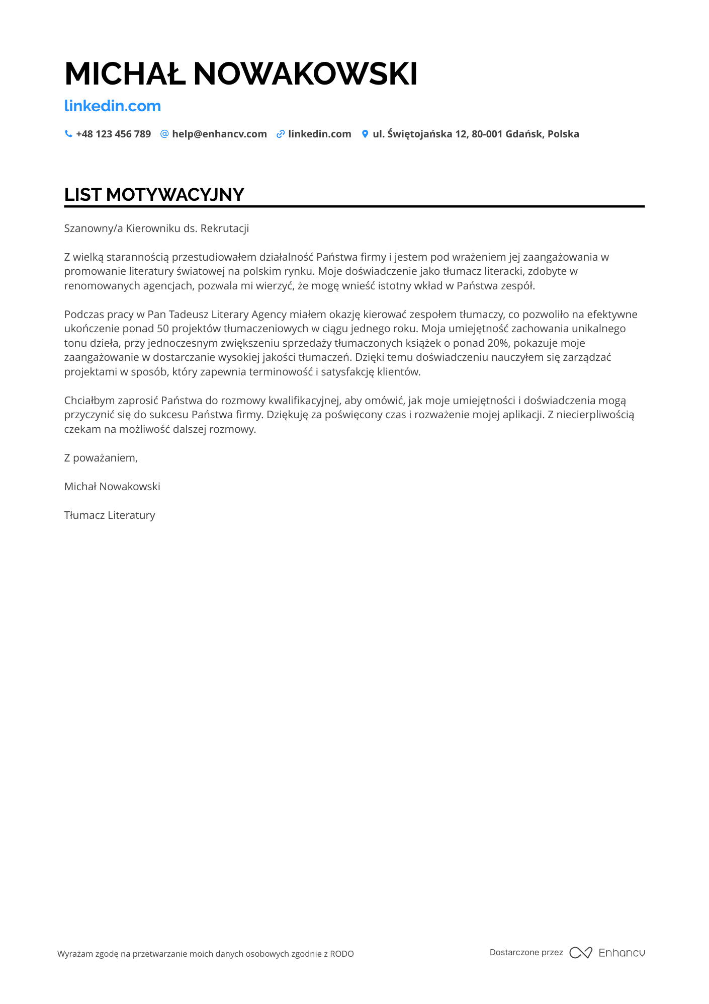 List motywacyjny dla Tłumacz Literatury Resume Example