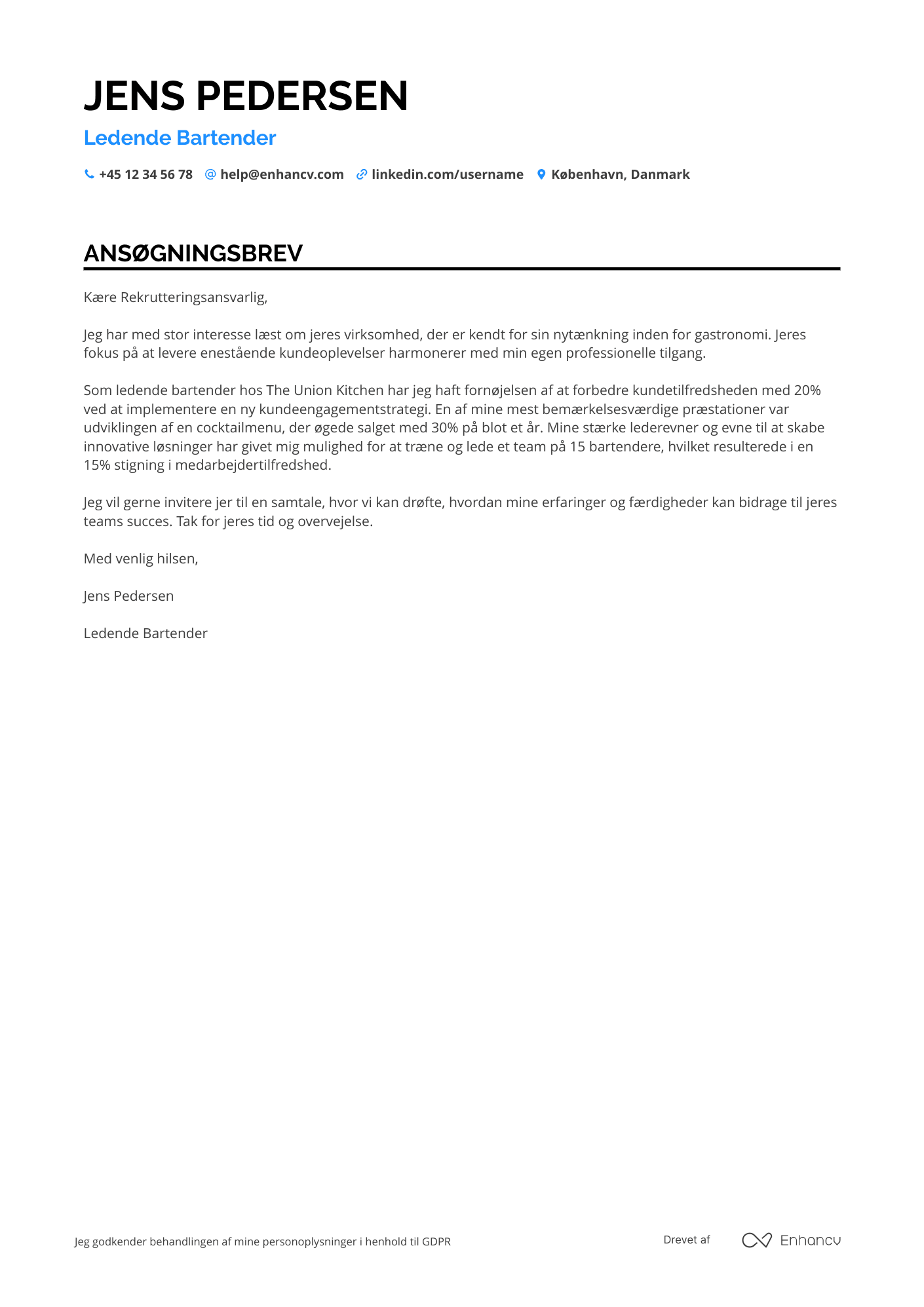 Ansøgningsbrev til Ledende Bartender Resume Example