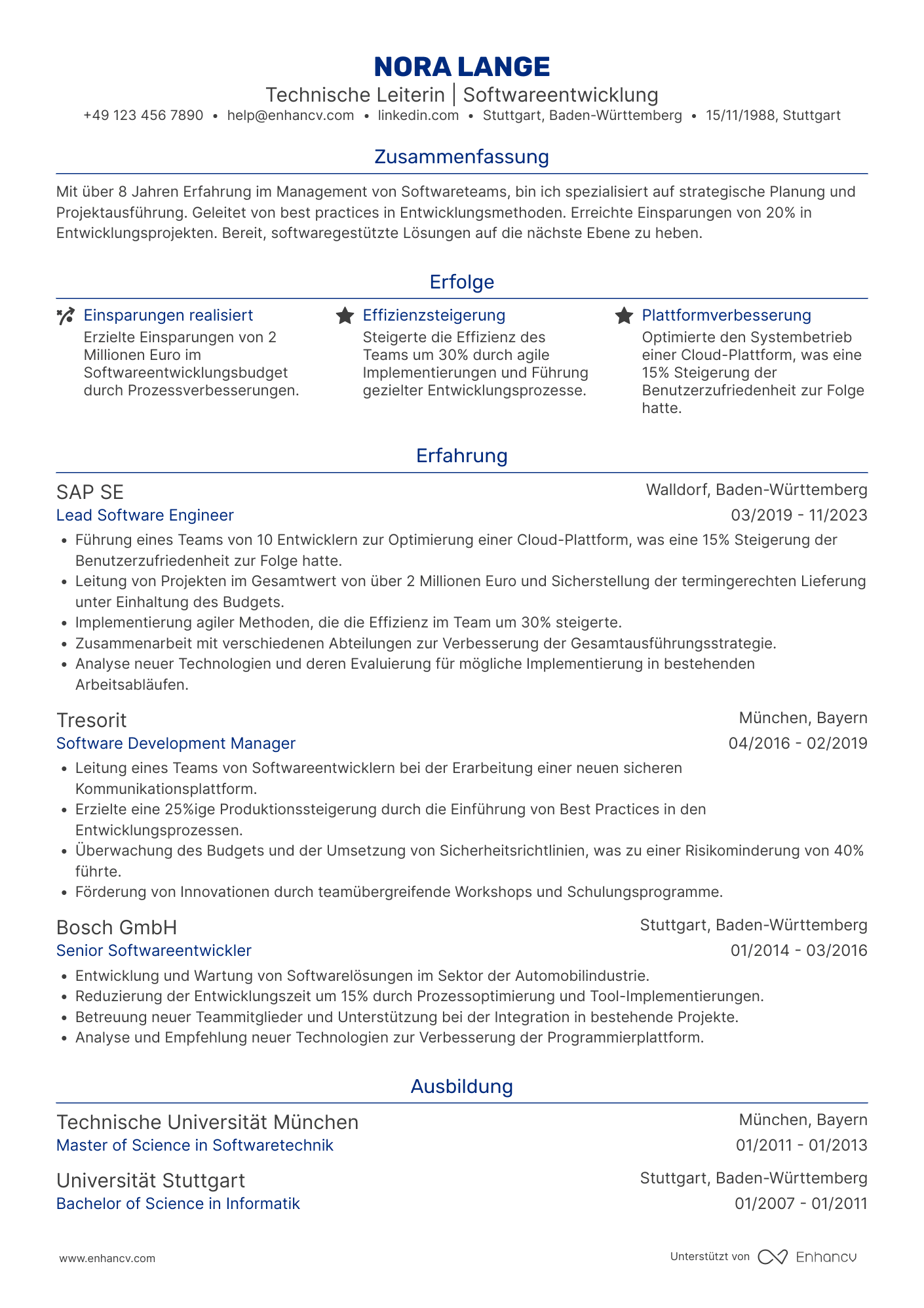 Lebenslauf als Technischer Leiter für Softwareentwicklung Resume Example