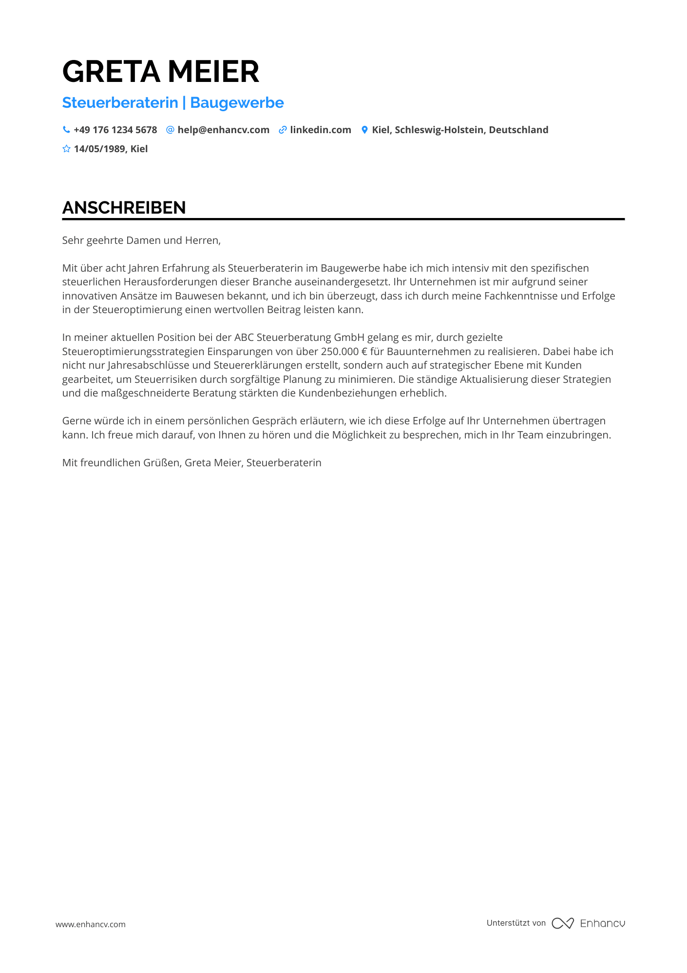 Steuerberater im Baugewerbe Resume Example