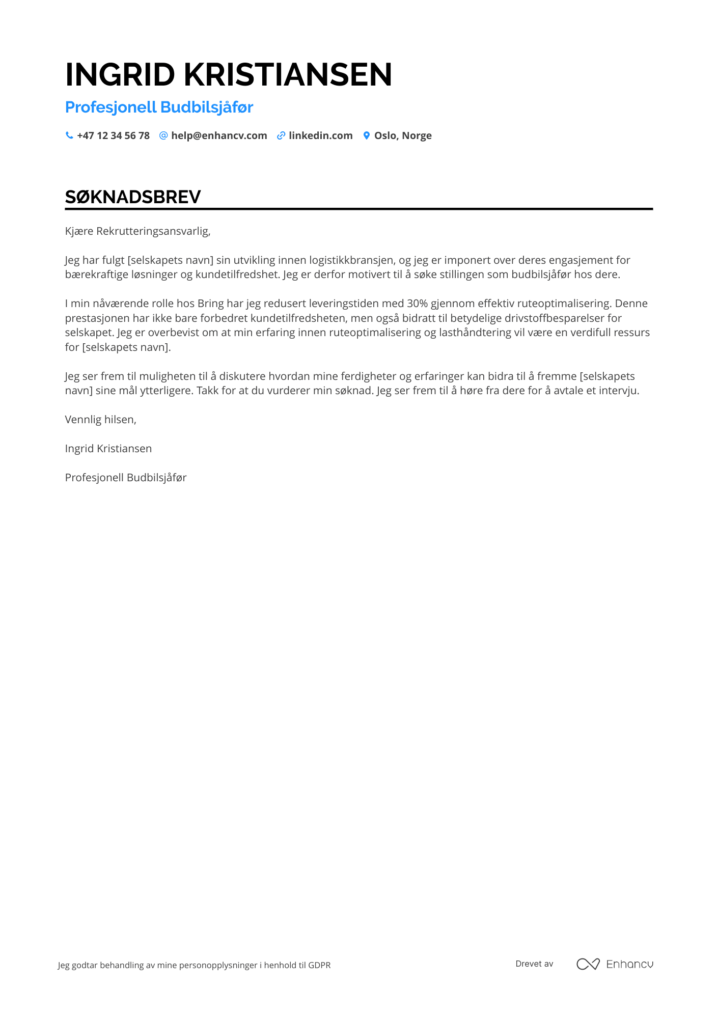 Søknadsbrev for Budbilsjåfør Natt Resume Example