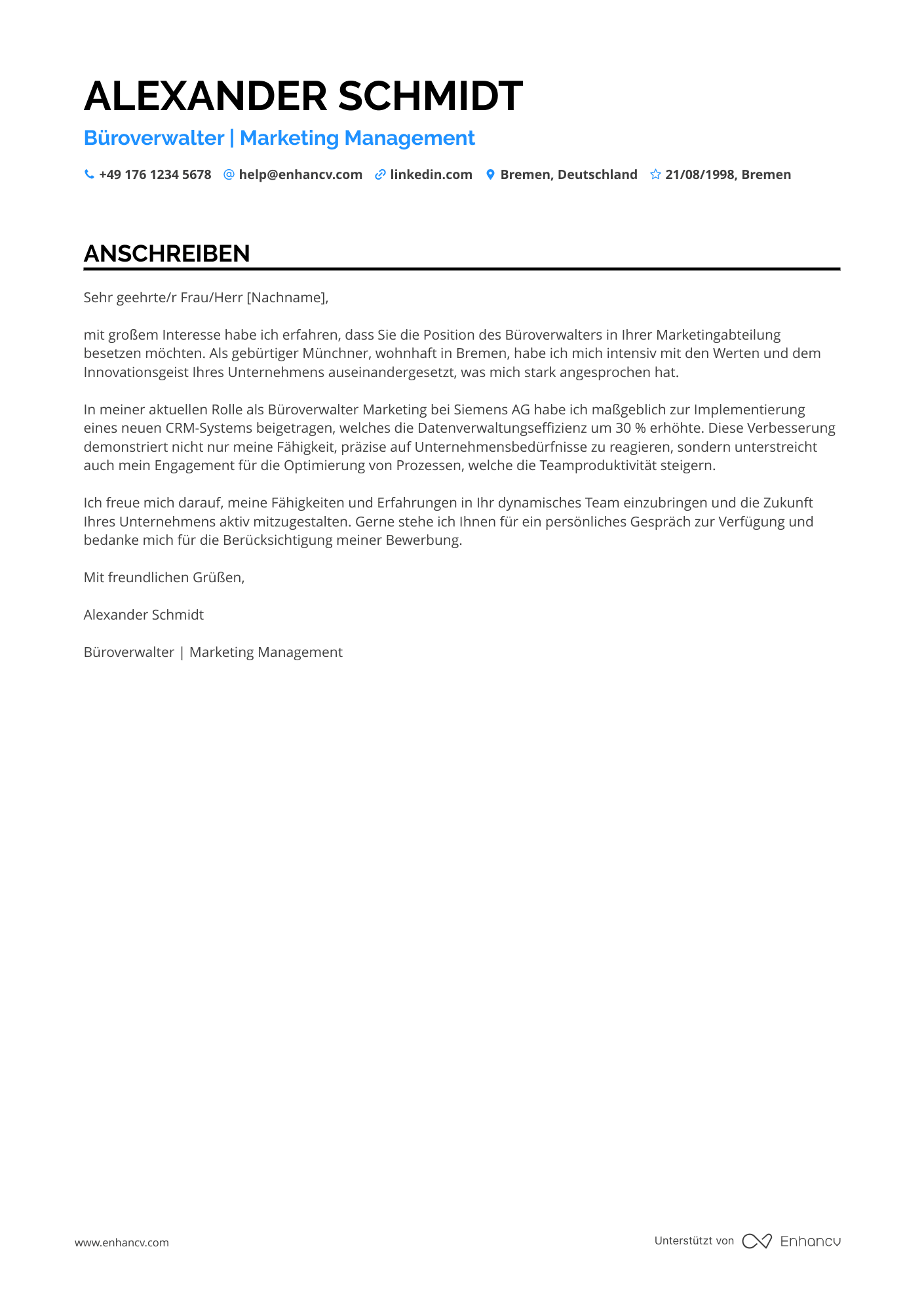 Büroverwalter für Marketing Resume Example