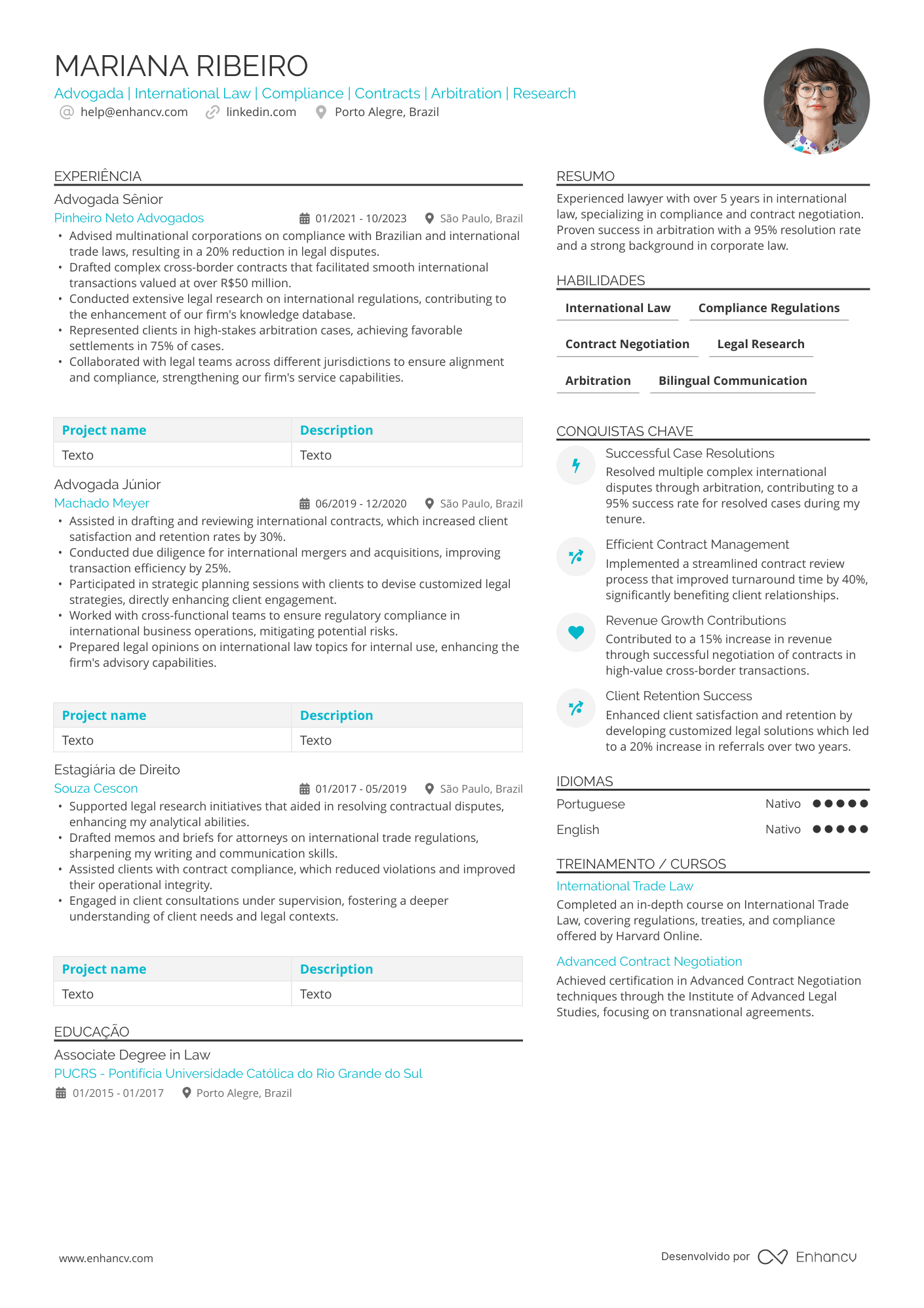 Advogado internacional Resume Example