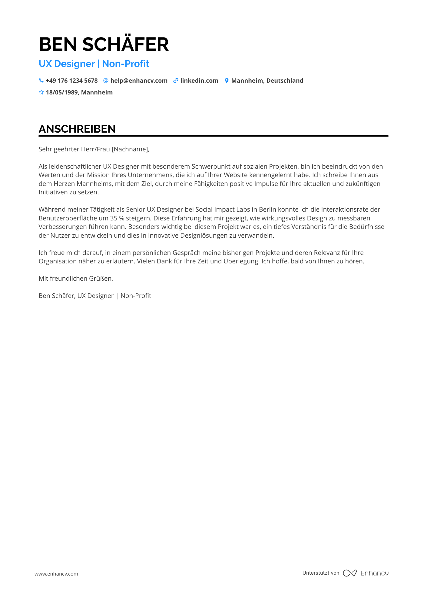 UX Designer für Non Profit Organisationen Resume Example