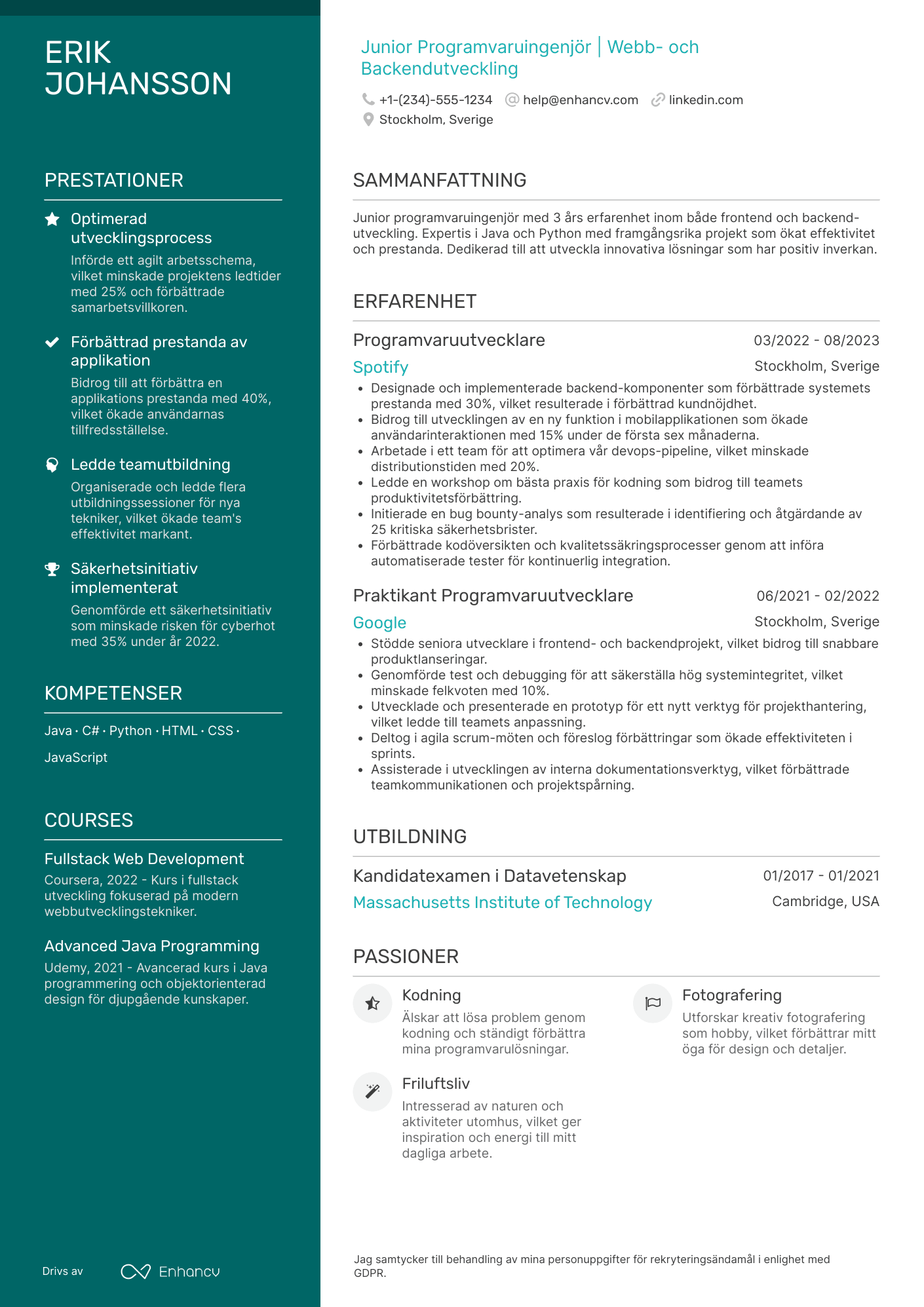 CV för Junior Programvaruingenjör Resume Example