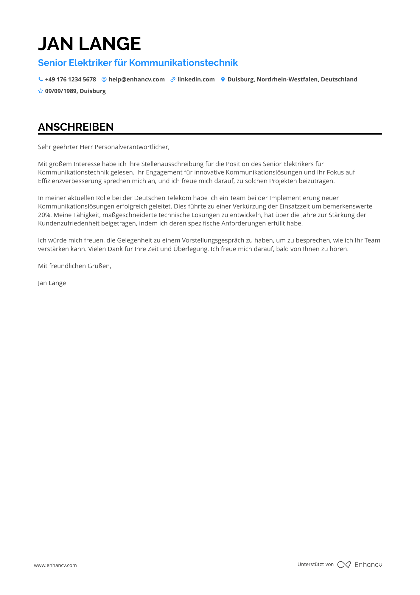 Elektriker für Kommunikationstechnik Resume Example