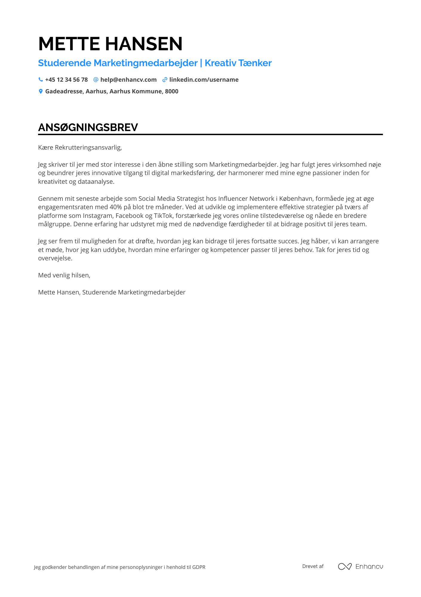 Ansøgningsbrev til Studerende Marketingmedarbejder Resume Example