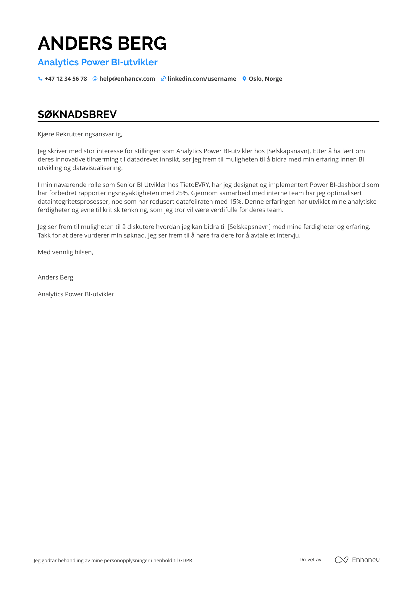 Søknadsbrev for Analytics Power BI‑utvikler Resume Example