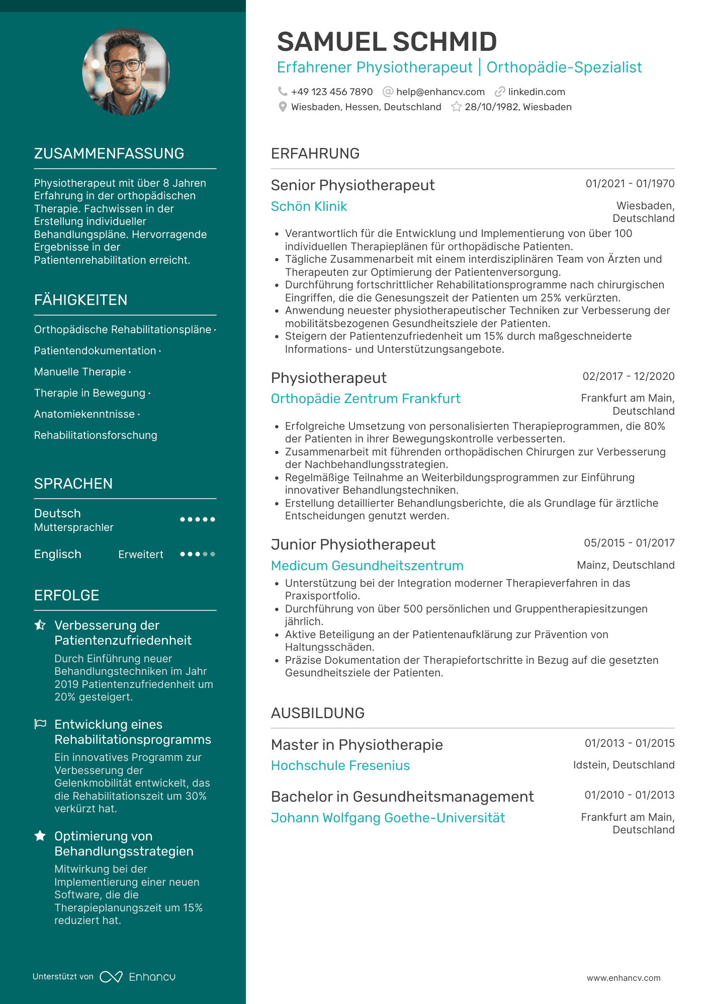 Lebenslauf als Physiotherapeut in der Orthopädie Resume Example