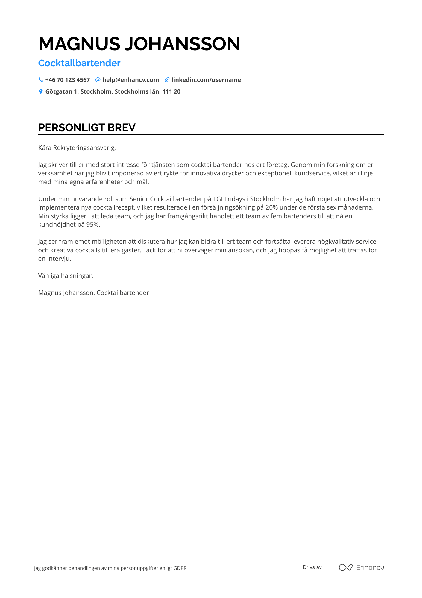 Personligt brev för Cocktailbartender Resume Example