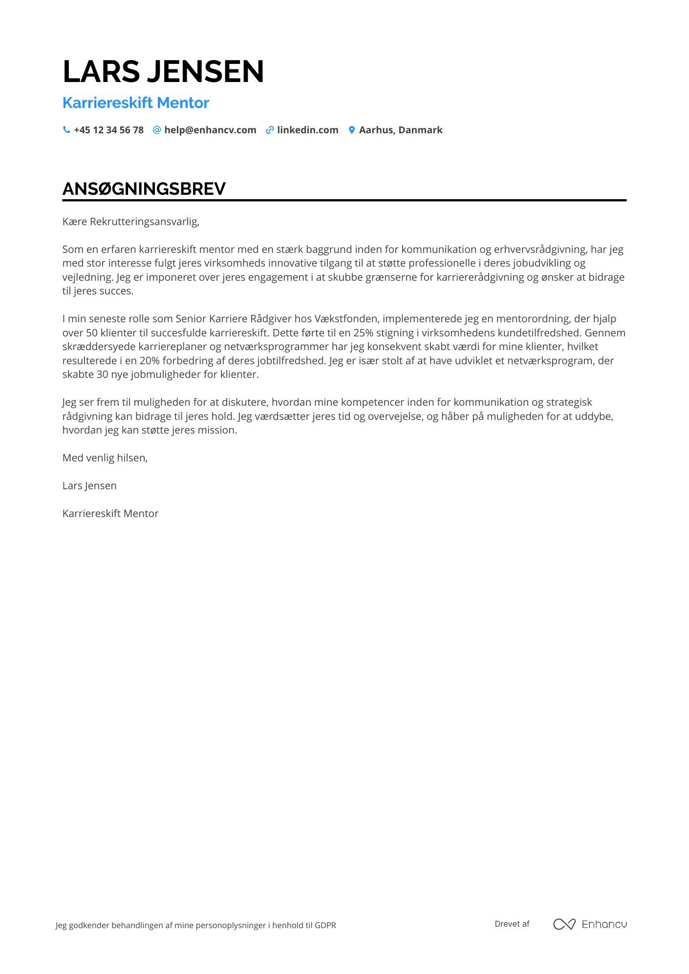 Ansøgningsbrev til Karriereskift Mentor Resume Example