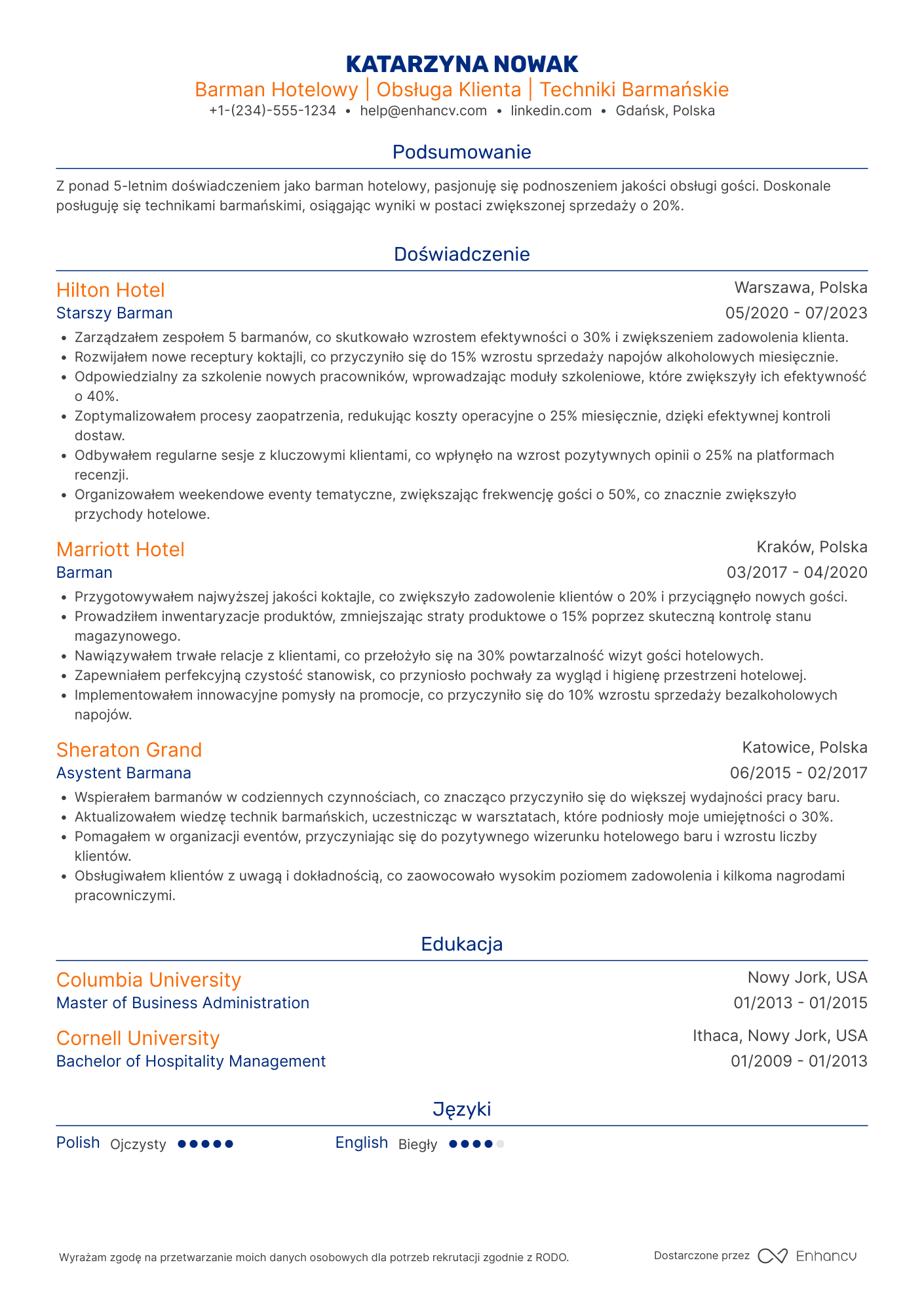 CV dla Barman Hotelowy Resume Example