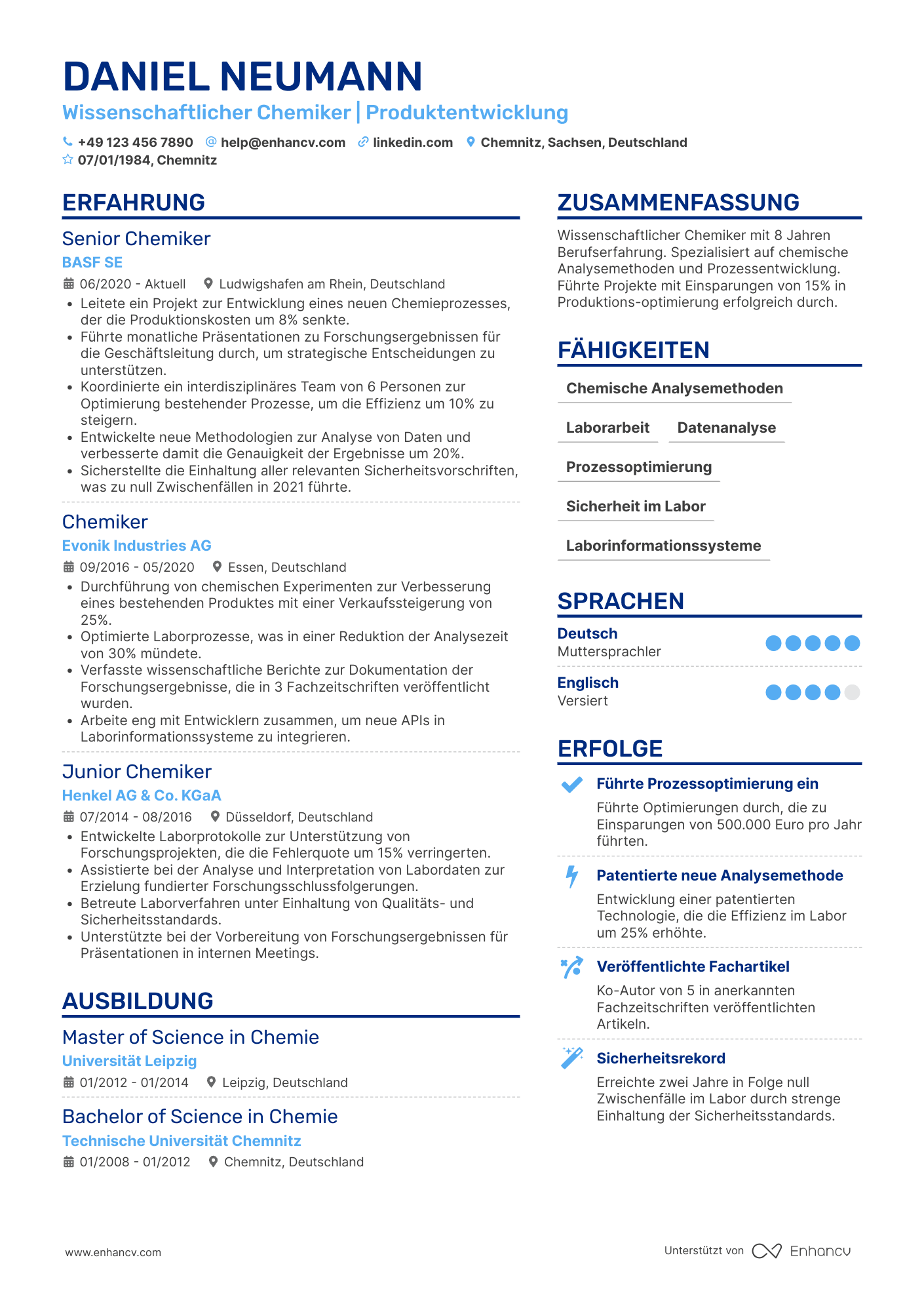 Lebenslauf in Wissenschaftlicher Chemiker Resume Example