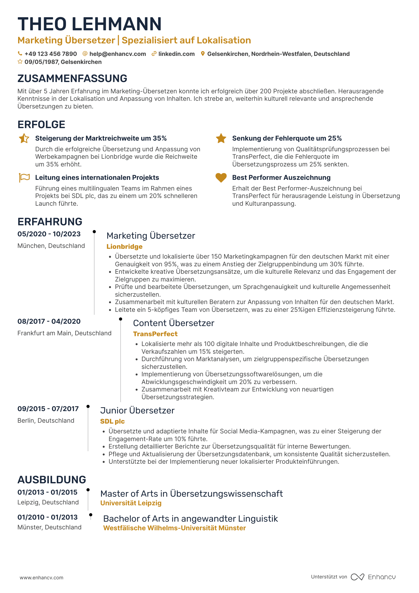 Lebenslauf als Marketing Übersetzer Resume Example