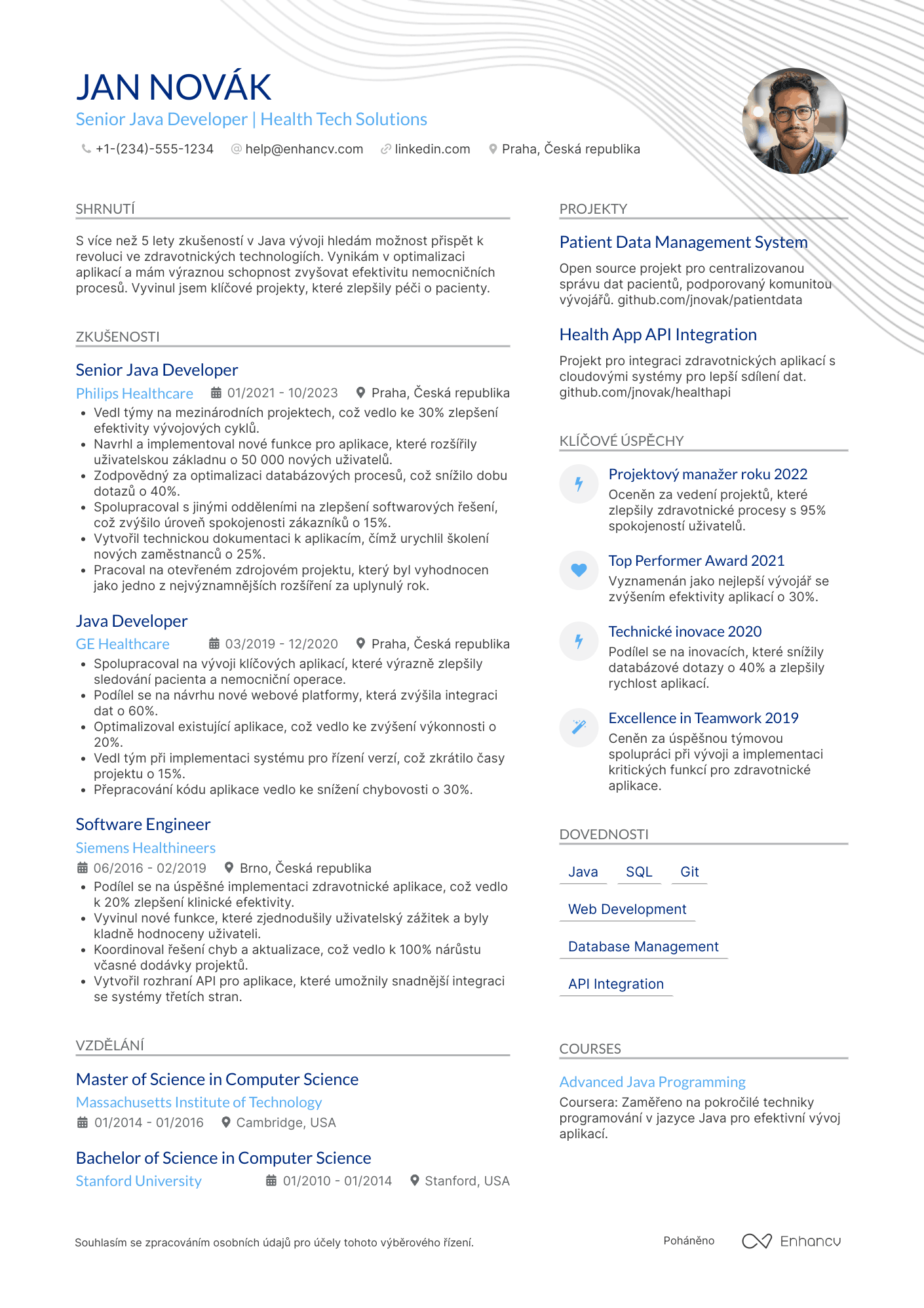 Životopis pro Java vývojář zdravotnických aplikací Resume Example