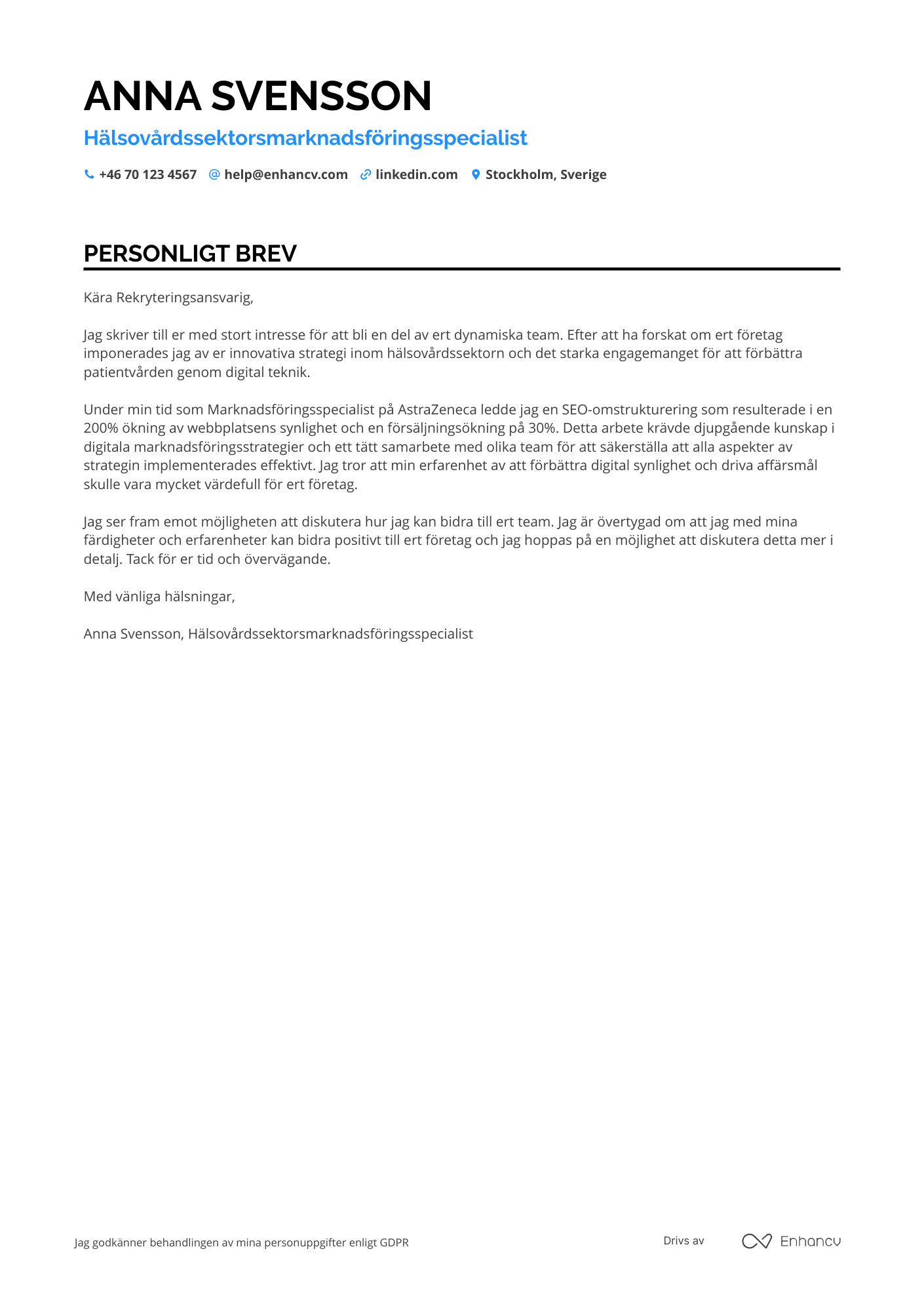 Personligt brev för Hälsovårdssektorsmarknadsföringsspecialist Resume Example