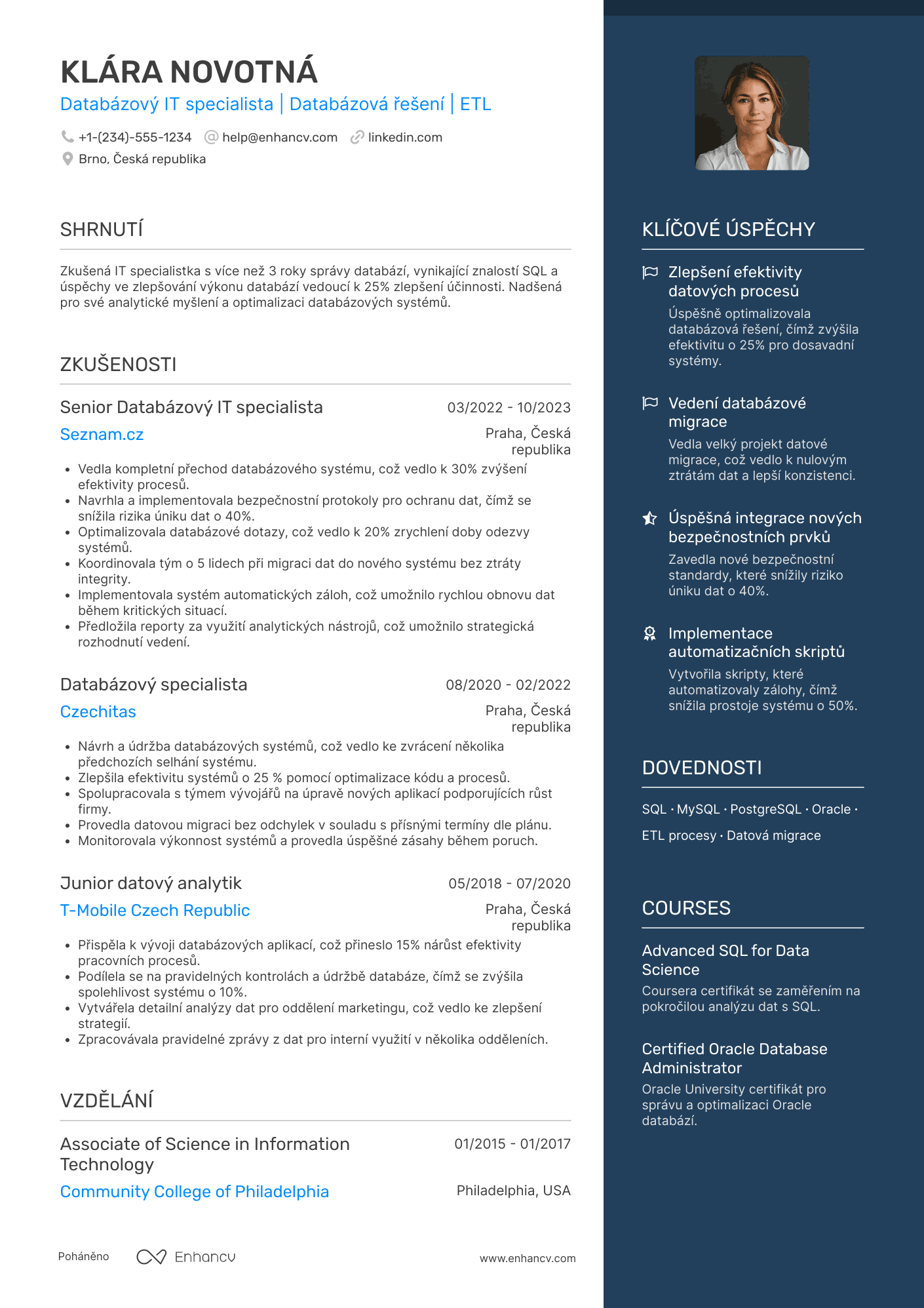 Životopis pro Databázový IT specialista Resume Example