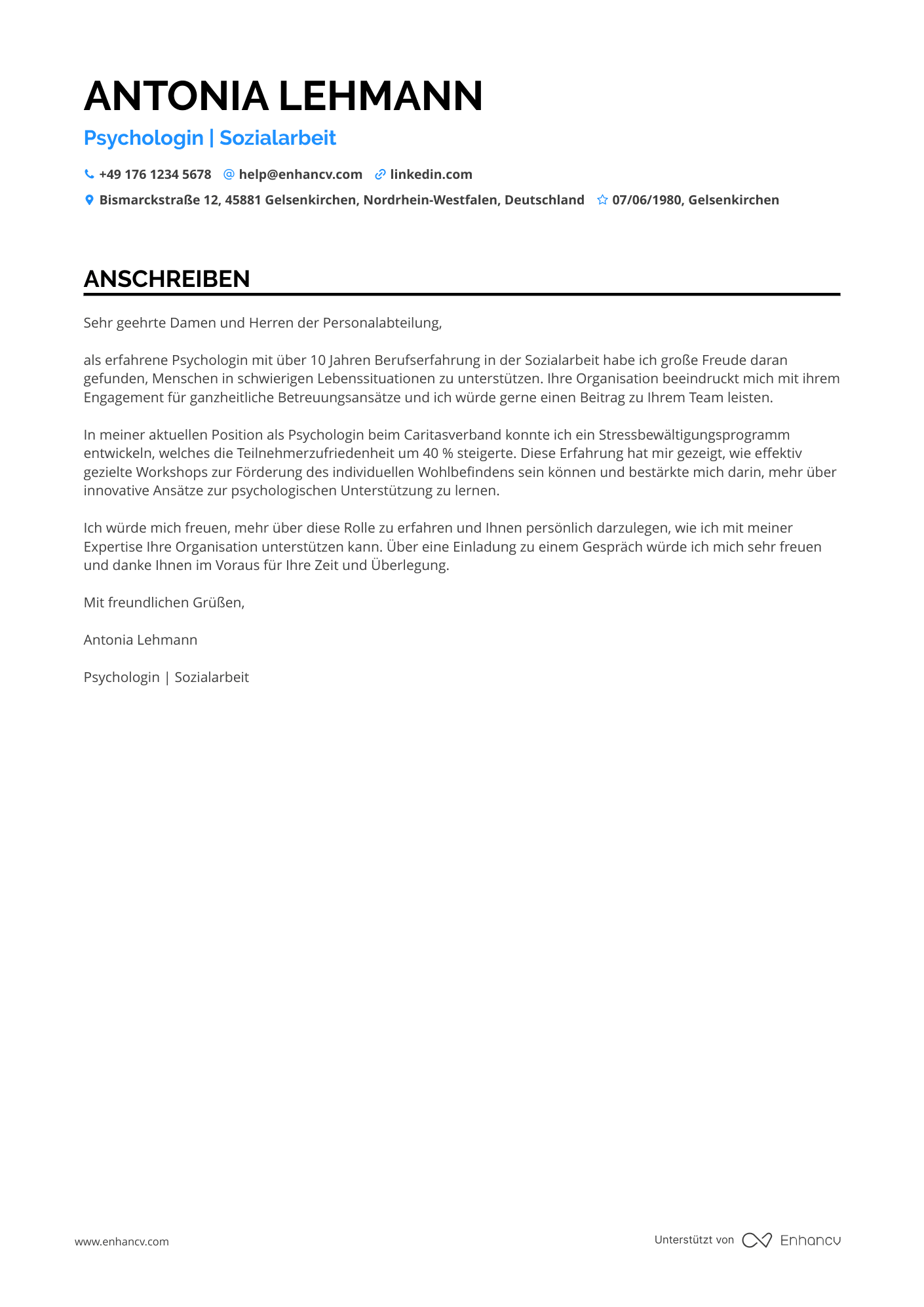 Psychologe in der Sozialarbeit Resume Example