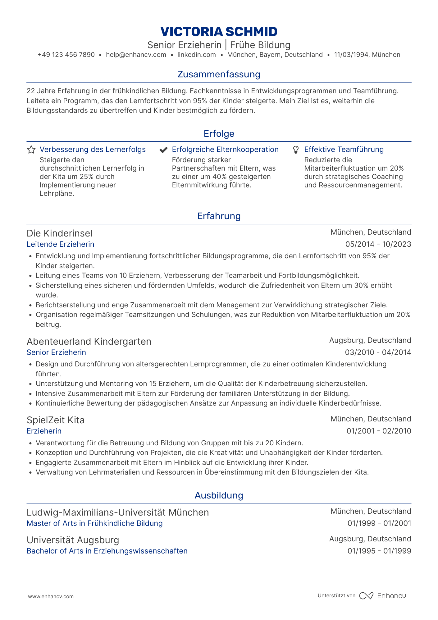 Lebenslauf als Senior Erzieherin Resume Example
