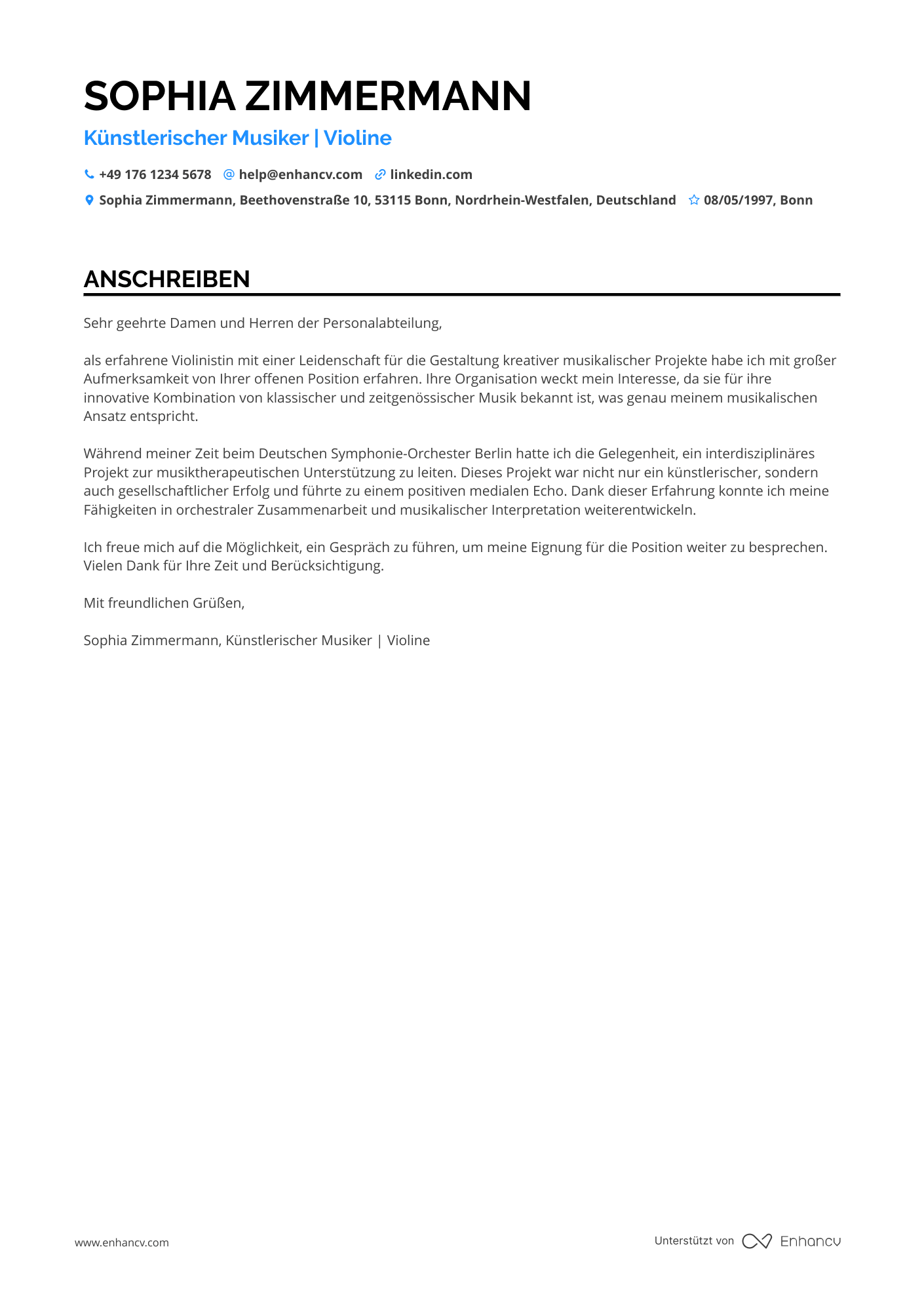 Künstlerischer Musiker Resume Example
