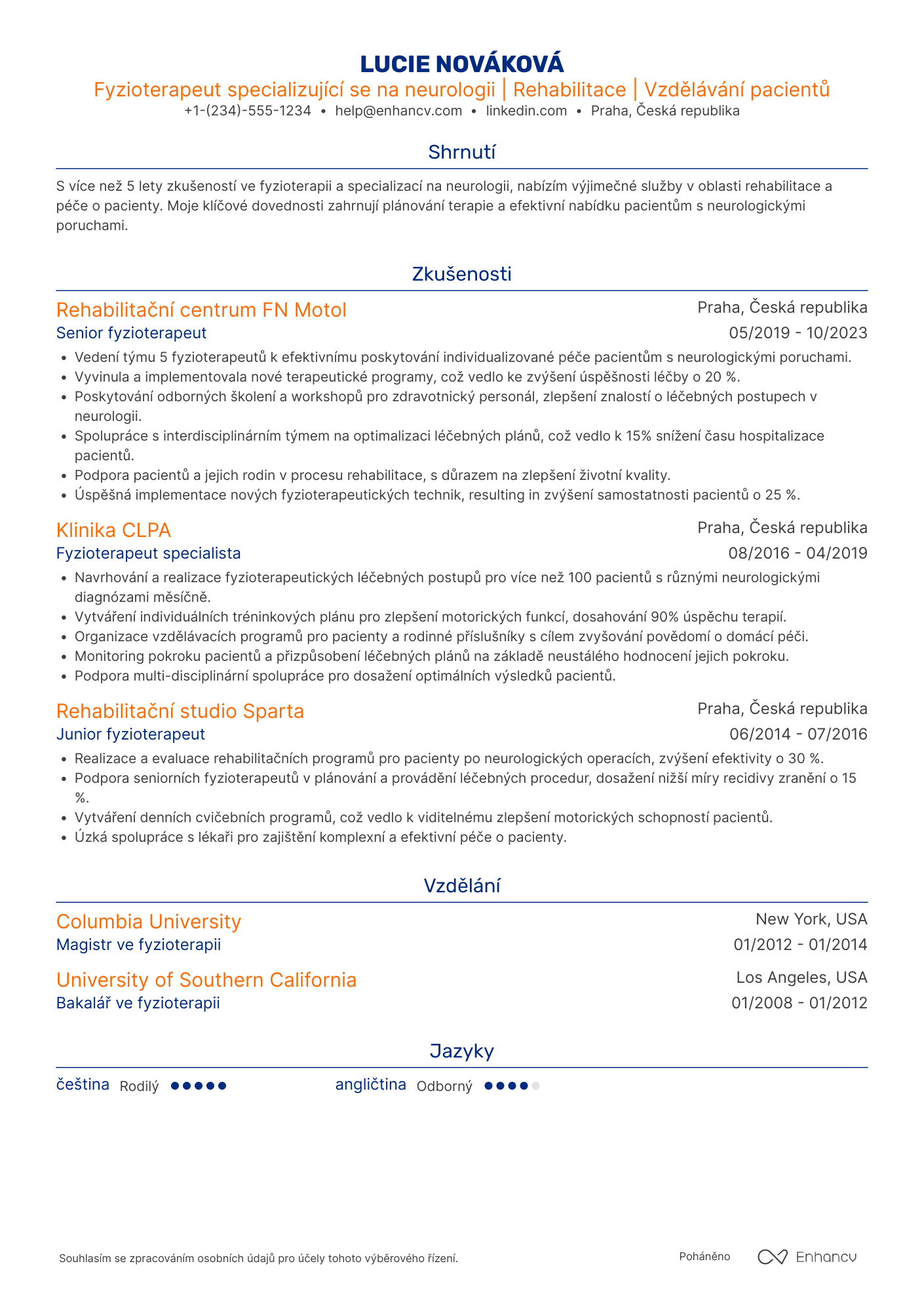 Životopis pro Fyzioterapeut pro neurologii Resume Example