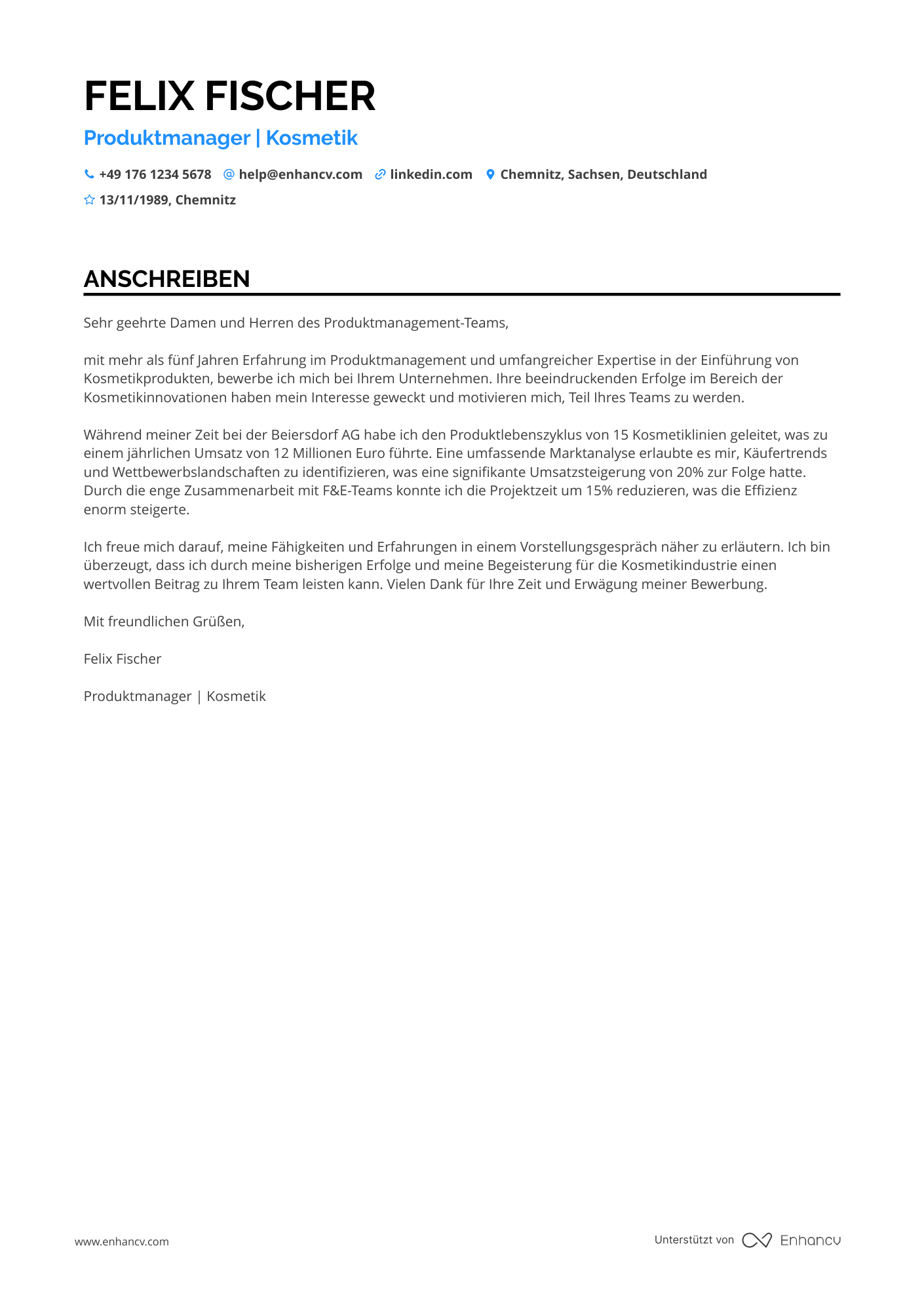 Produktmanager für Kosmetik Resume Example