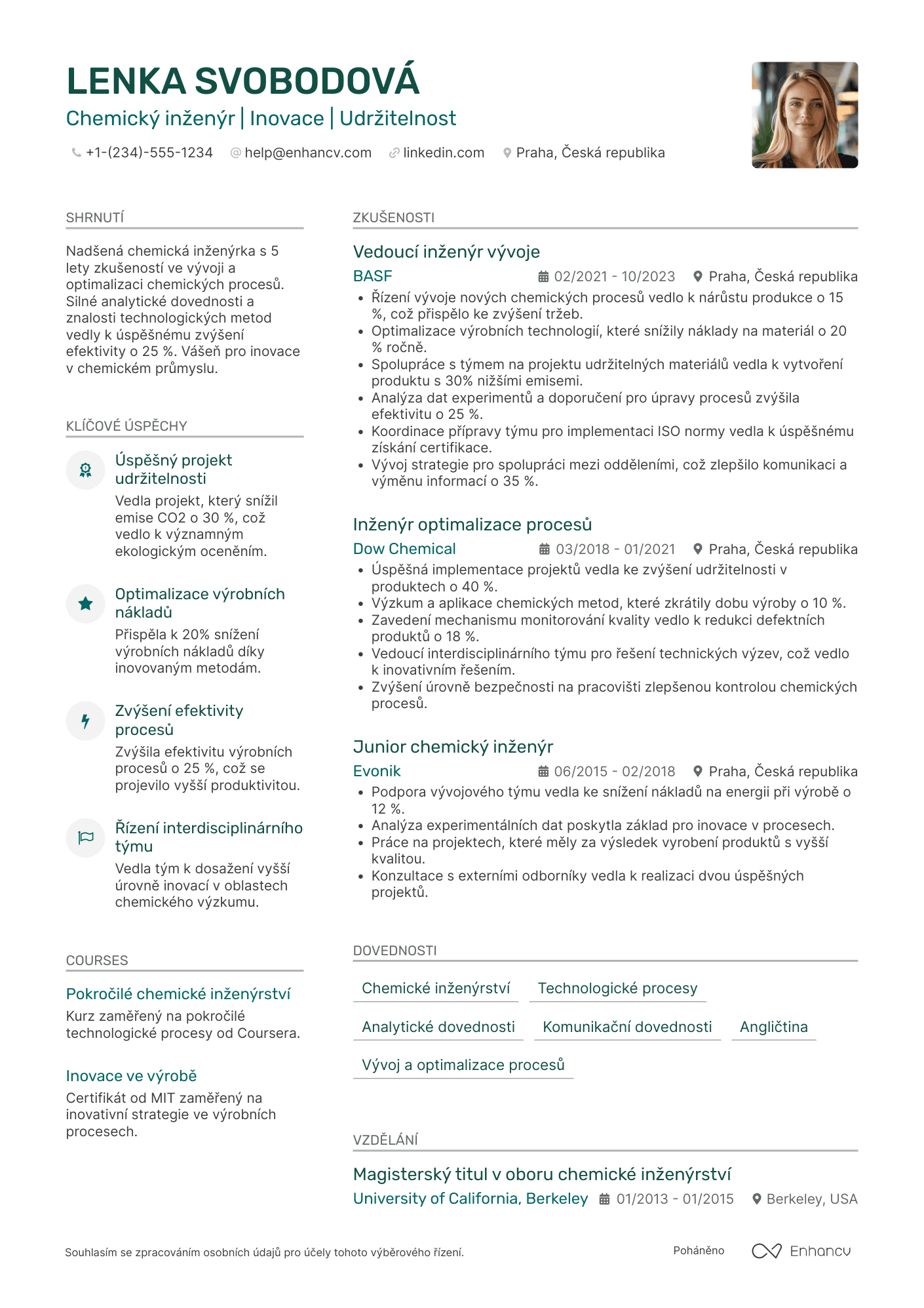 Životopis pro Chemický inženýr Resume Example