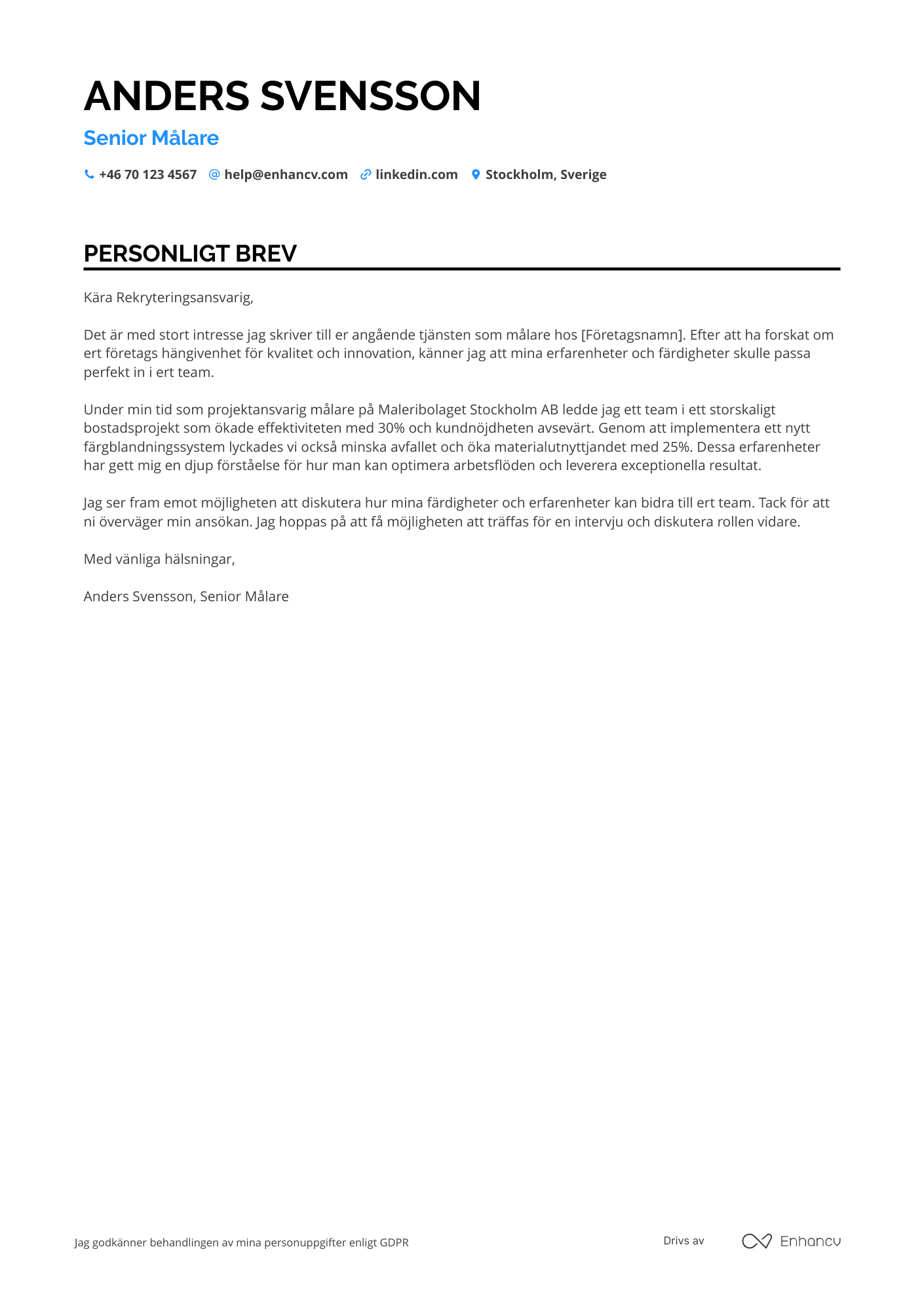 Personligt brev för Senior målare Resume Example