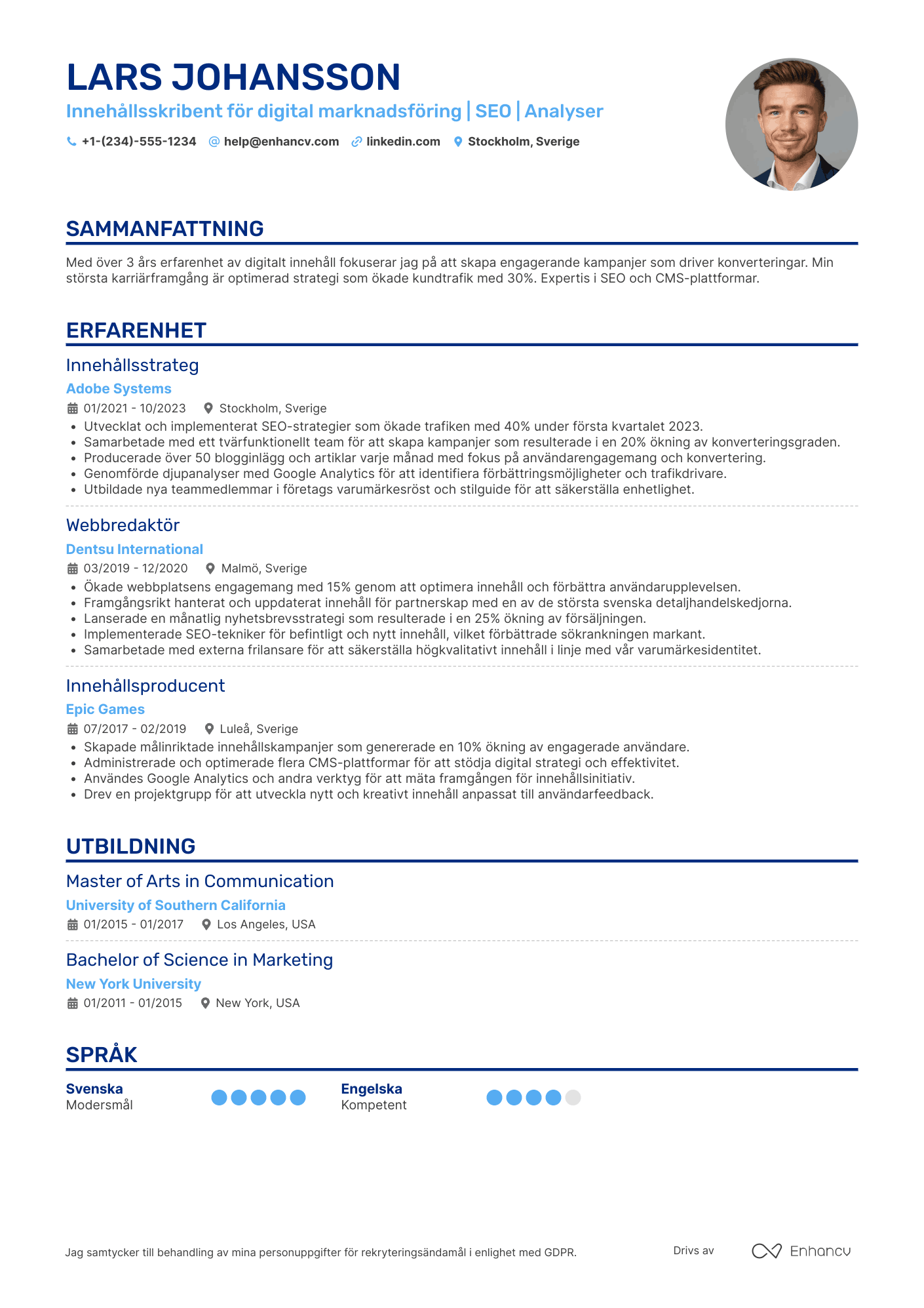 CV för Innehållsskribent för digital marknadsföring Resume Example
