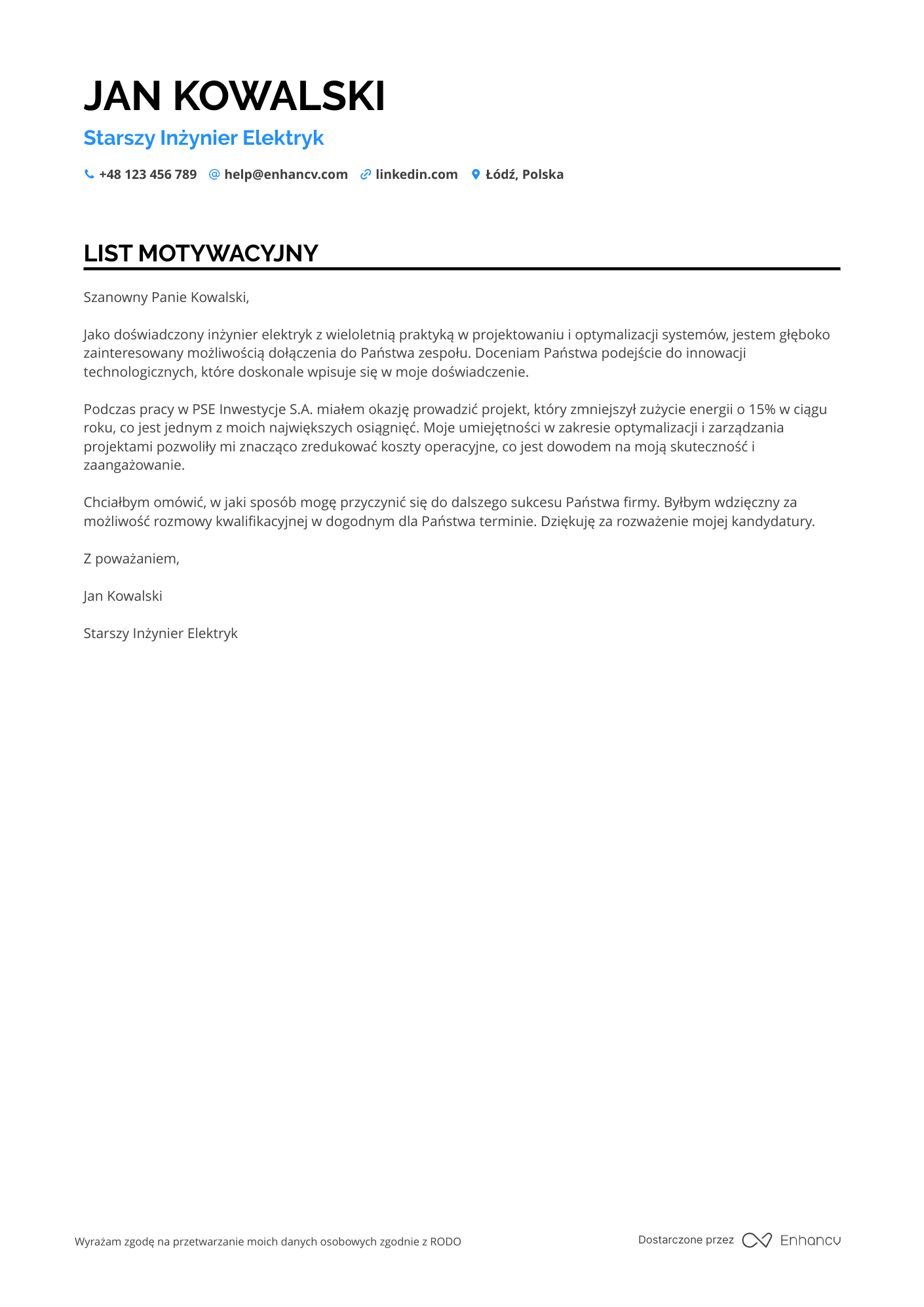 List motywacyjny dla Starszy Inżynier Elektryk Resume Example