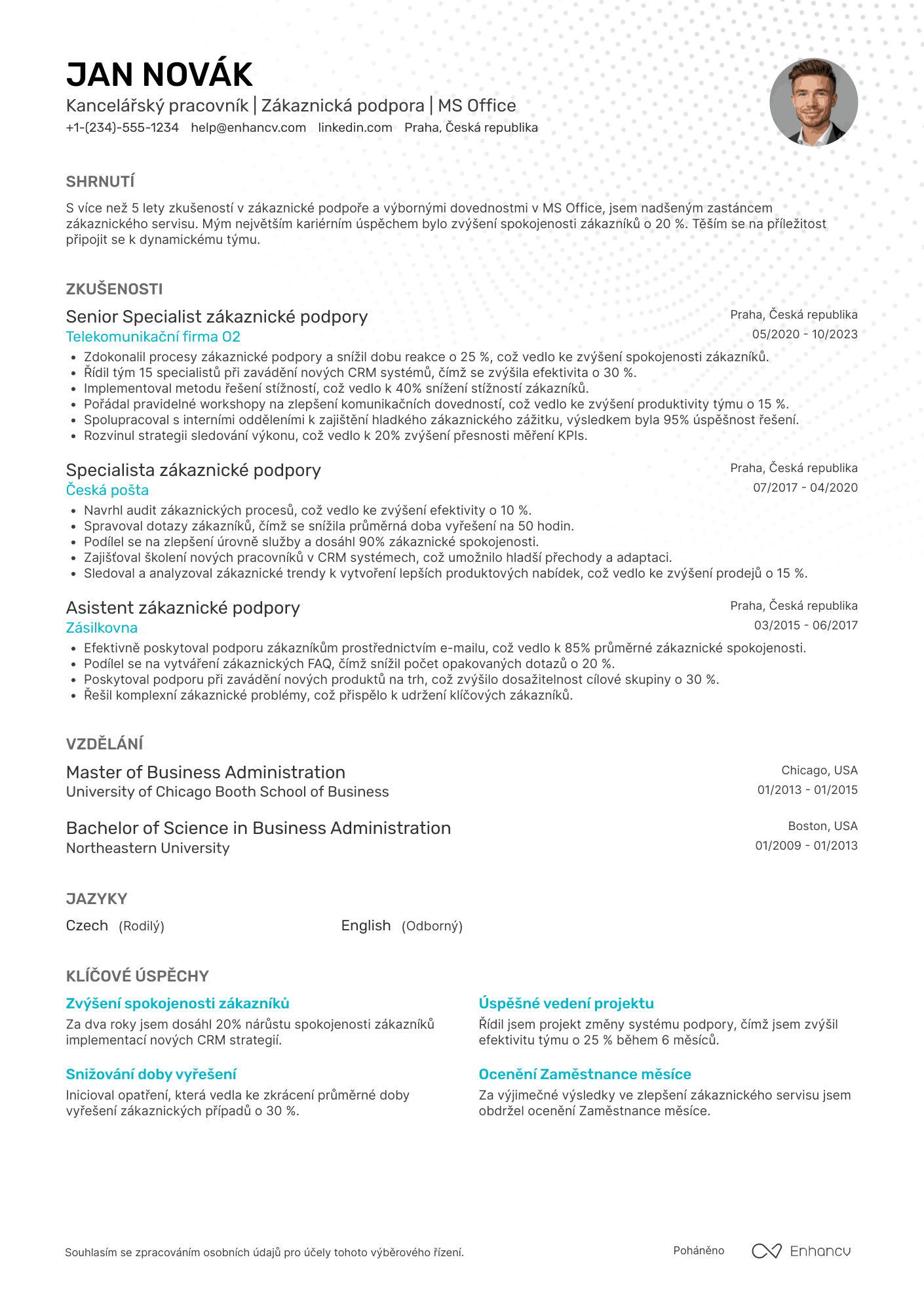 Životopis pro Kancelářský pracovník pro zákaznickou podporu Resume Example