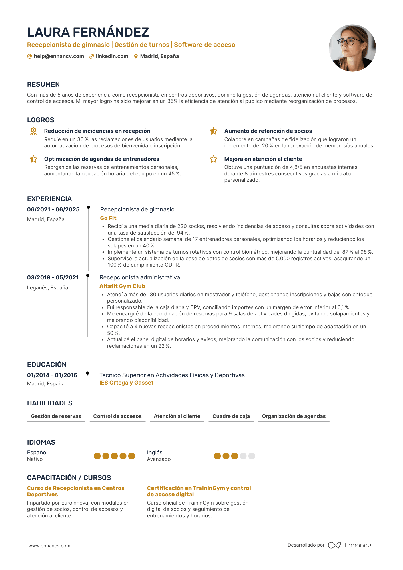 Recepcionista de gimnasio Resume Example