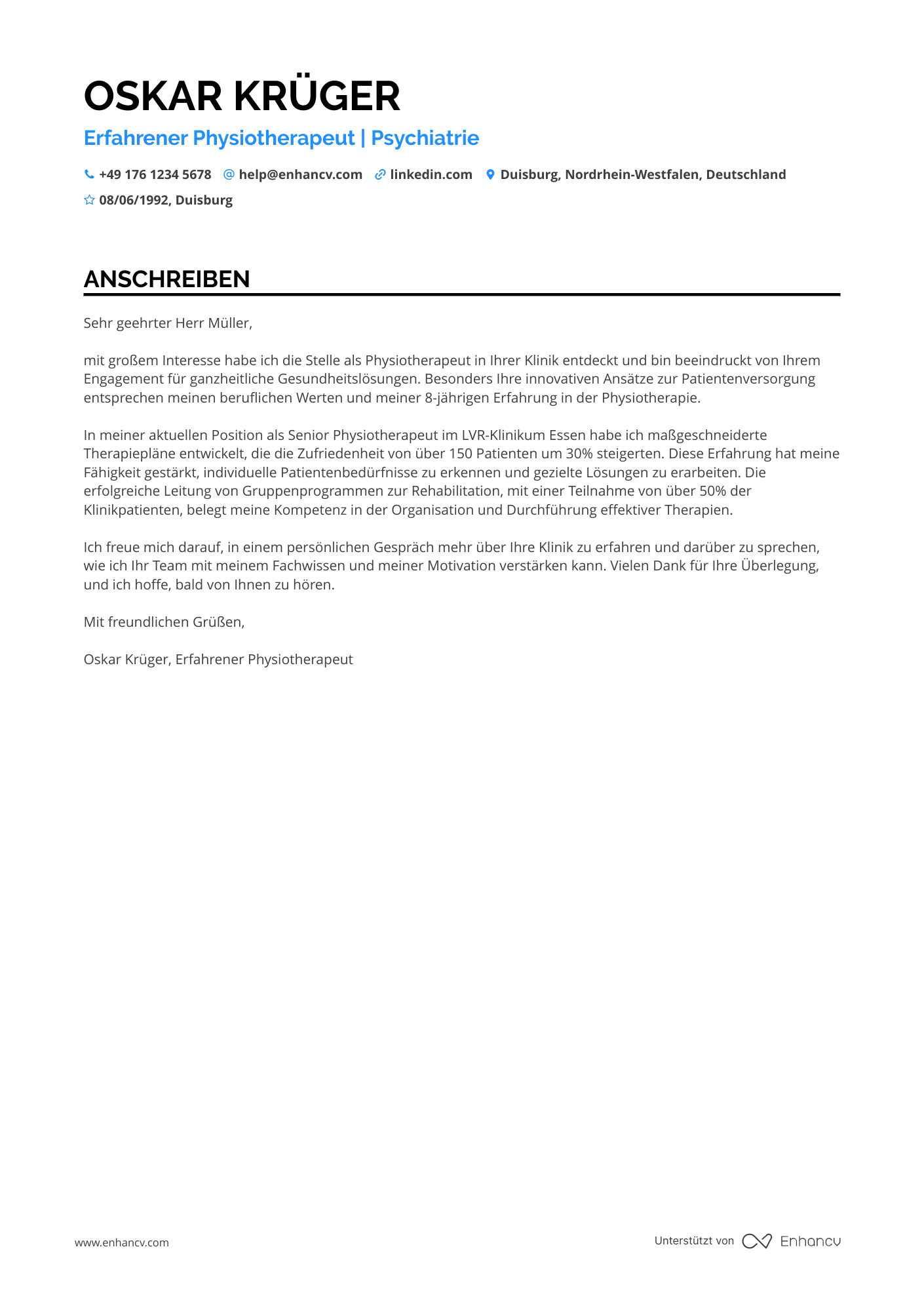 Physiotherapeut in der Psychiatrie Resume Example