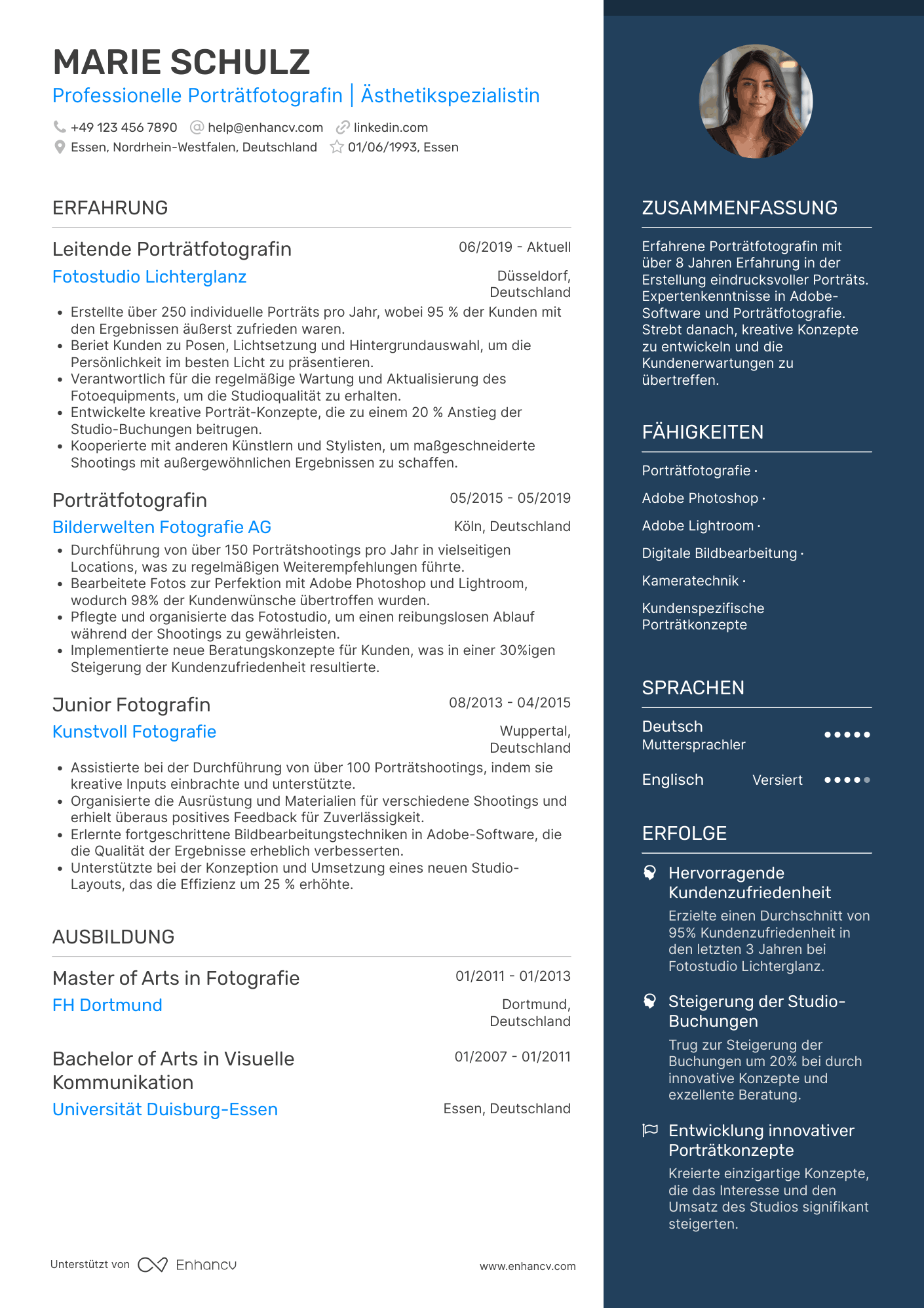 Lebenslauf als Fotograf für Porträts Resume Example