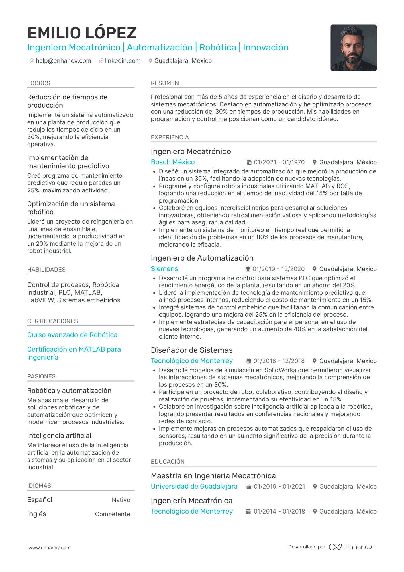 Ingeniero Mecatrónico Resume Example