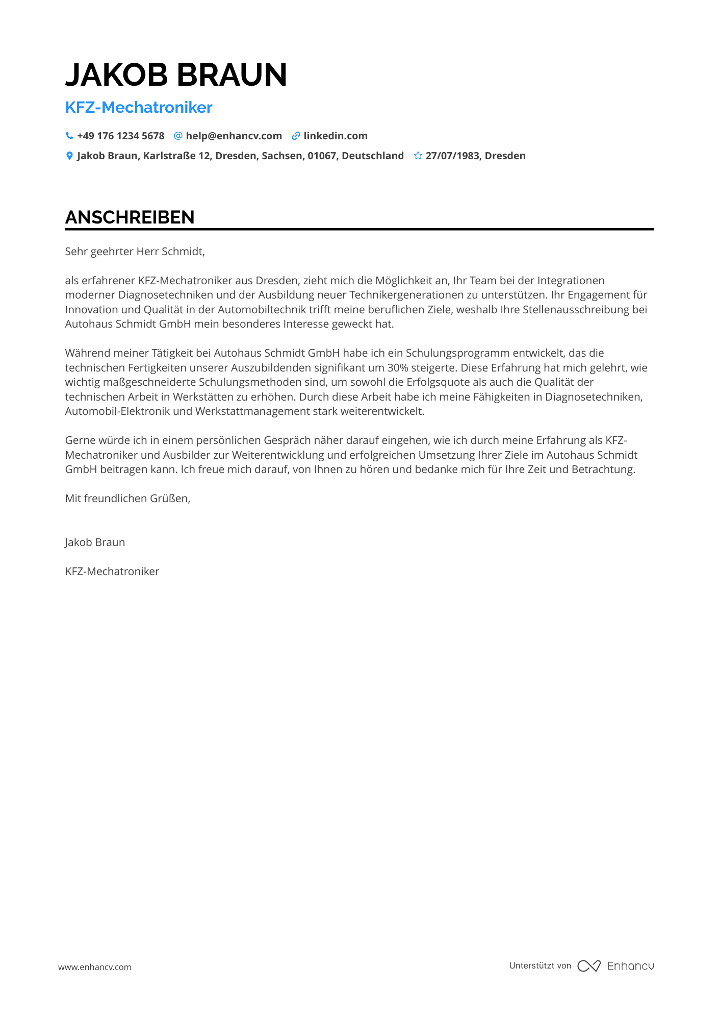KFZ Mechatroniker Ausbilder Resume Example