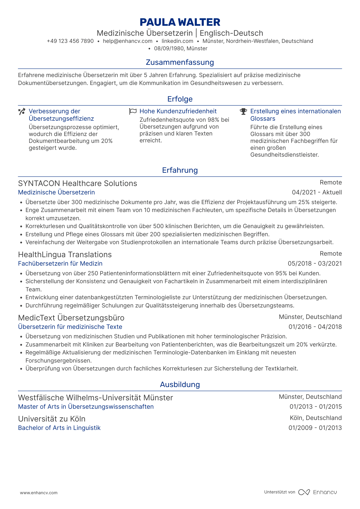 Lebenslauf als Medizinischer Übersetzer Resume Example