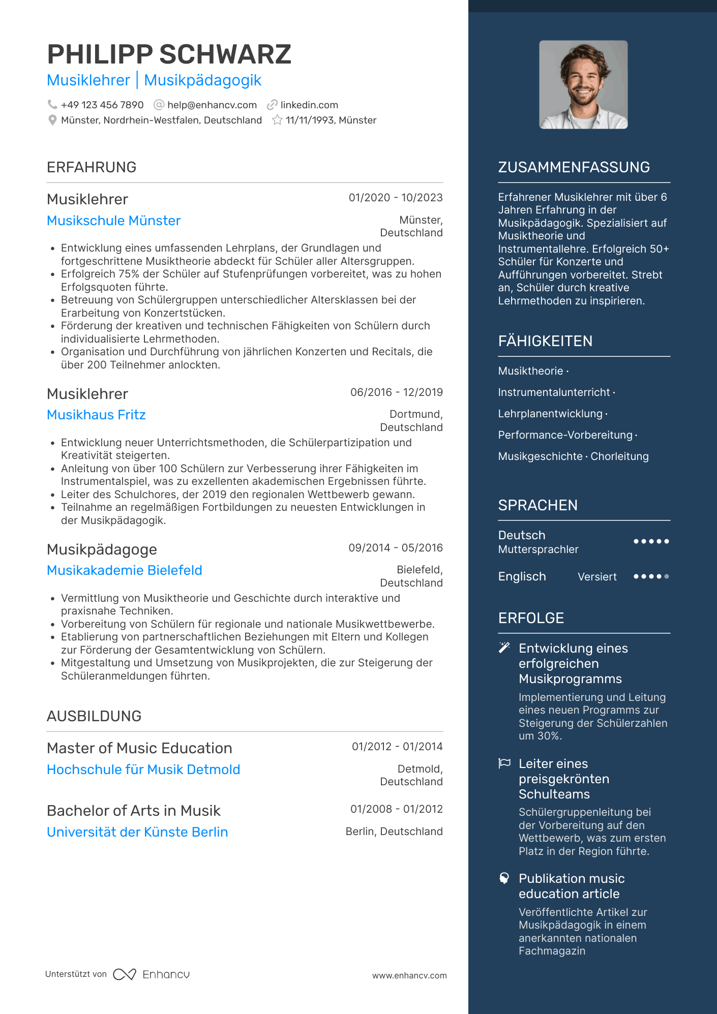 Lebenslauf als Musiklehrer Resume Example