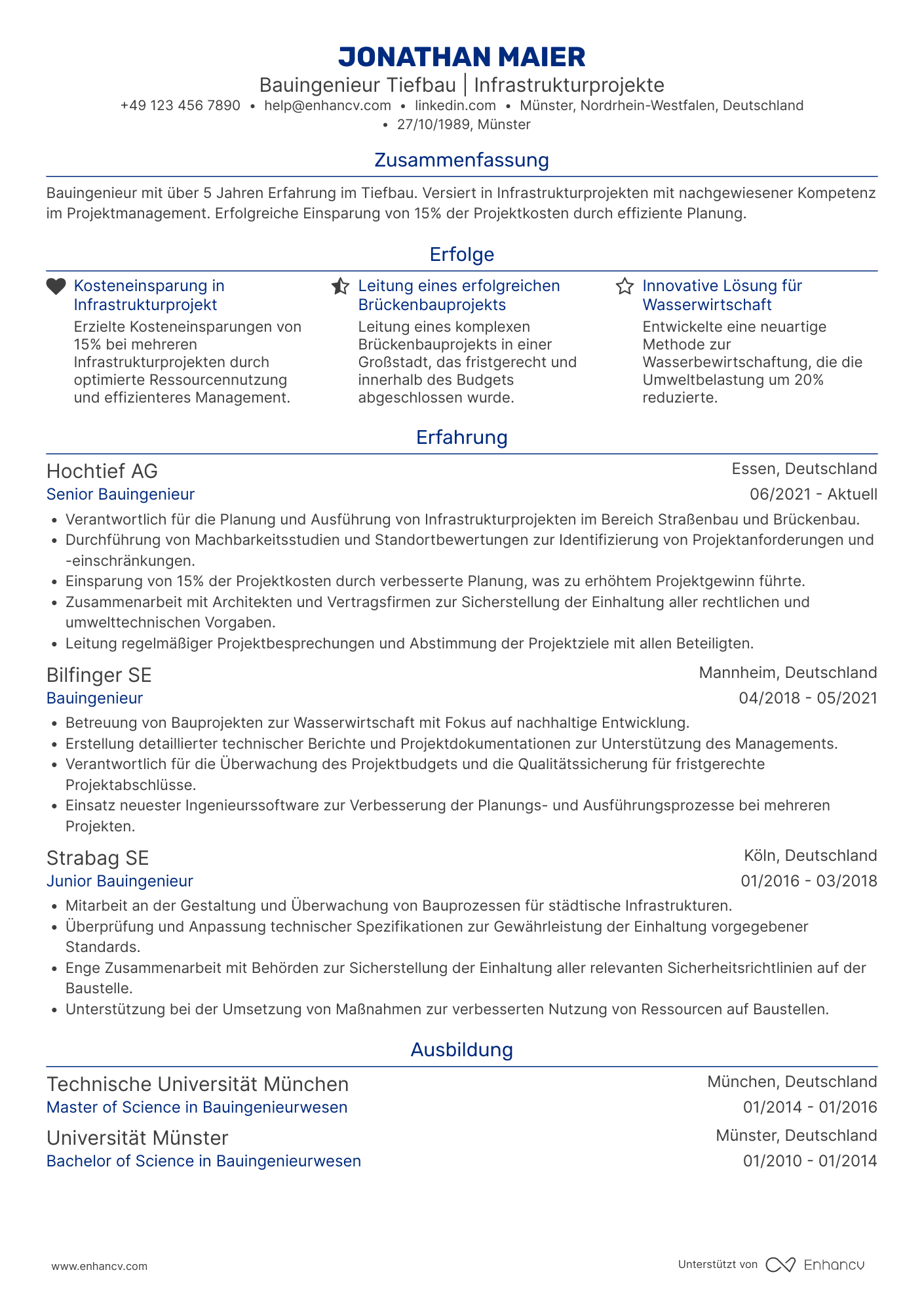 Lebenslauf als Bauingenieur im Tiefbau Resume Example