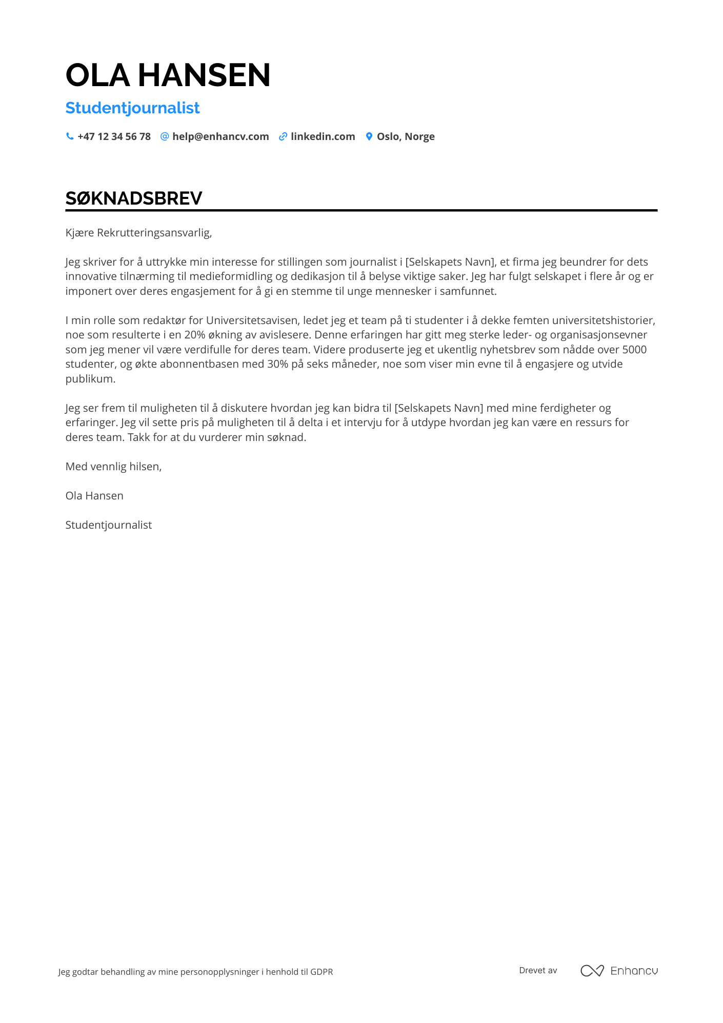 Søknadsbrev for Studentjournalist Resume Example