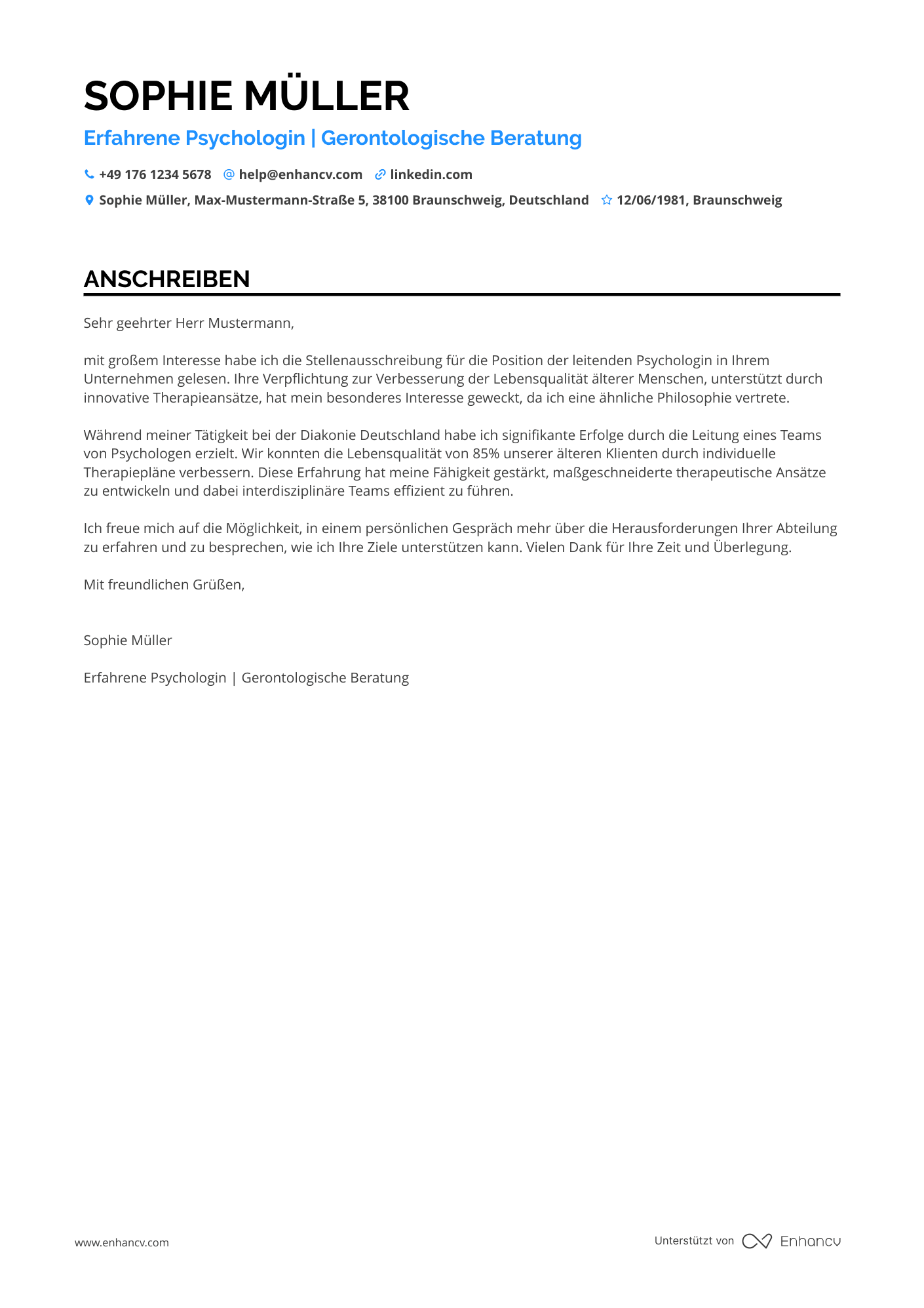 Psychologe mit Spezialisierung auf gerontologische Beratung Resume Example