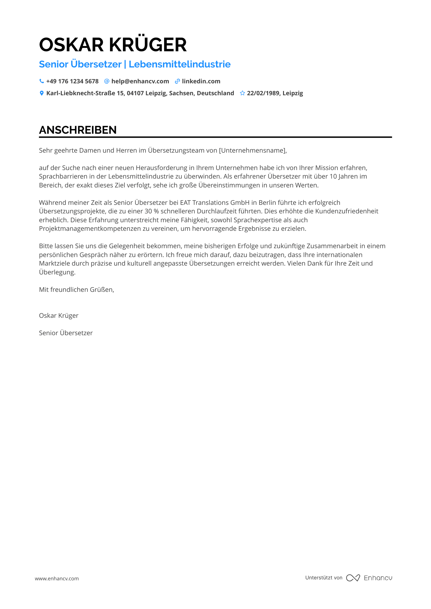 Übersetzer für die Lebensmittelindustrie Resume Example