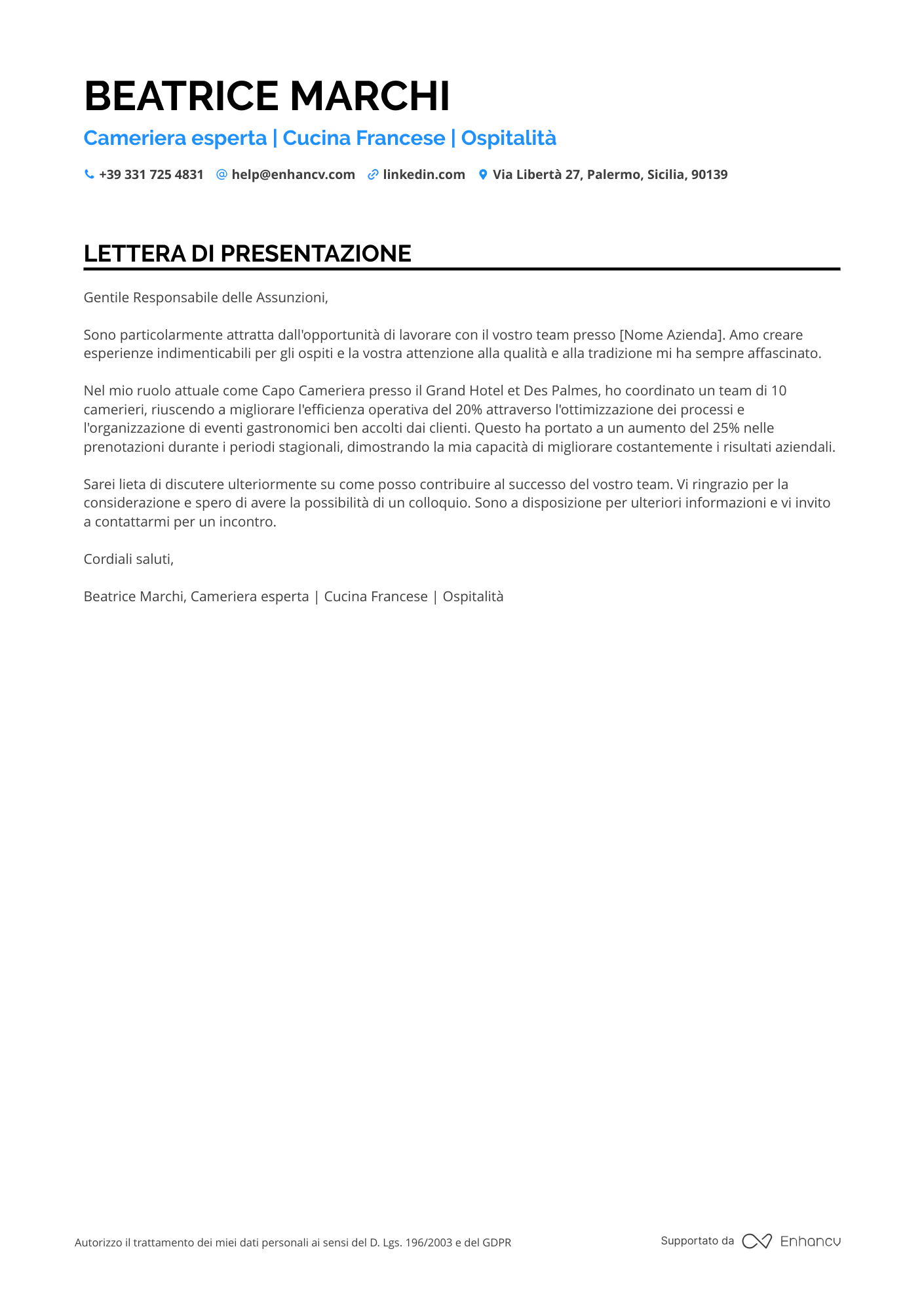 Cameriere di Hotel Resume Example