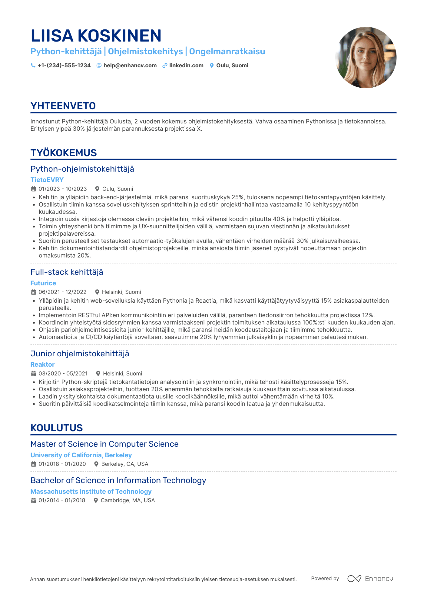 Ansioluettelo Aloitteleva Python kehittäjä Resume Example