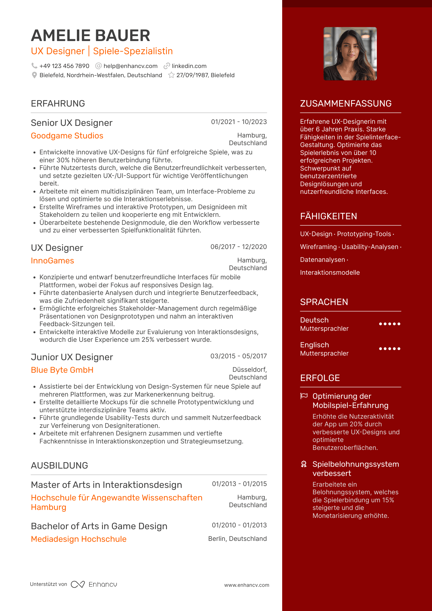 Lebenslauf als UX Designer für Spiele Resume Example