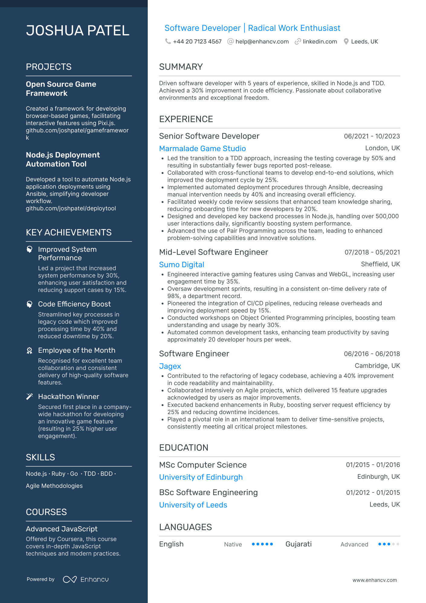 Mobile Game Developer Resume Example