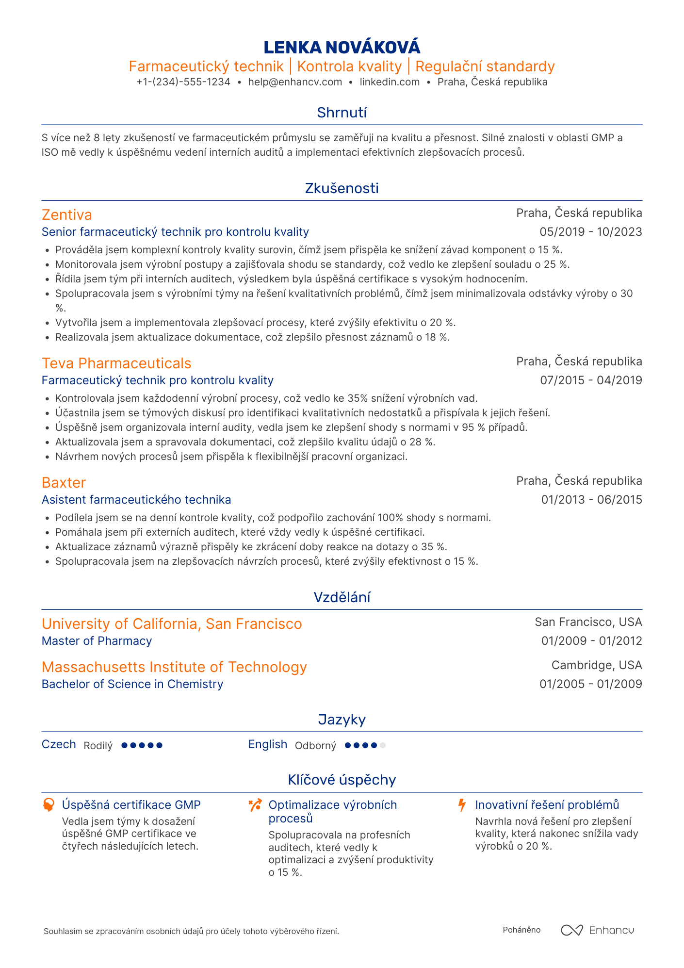Životopis pro Farmaceutický technik pro kontrolu kvality Resume Example
