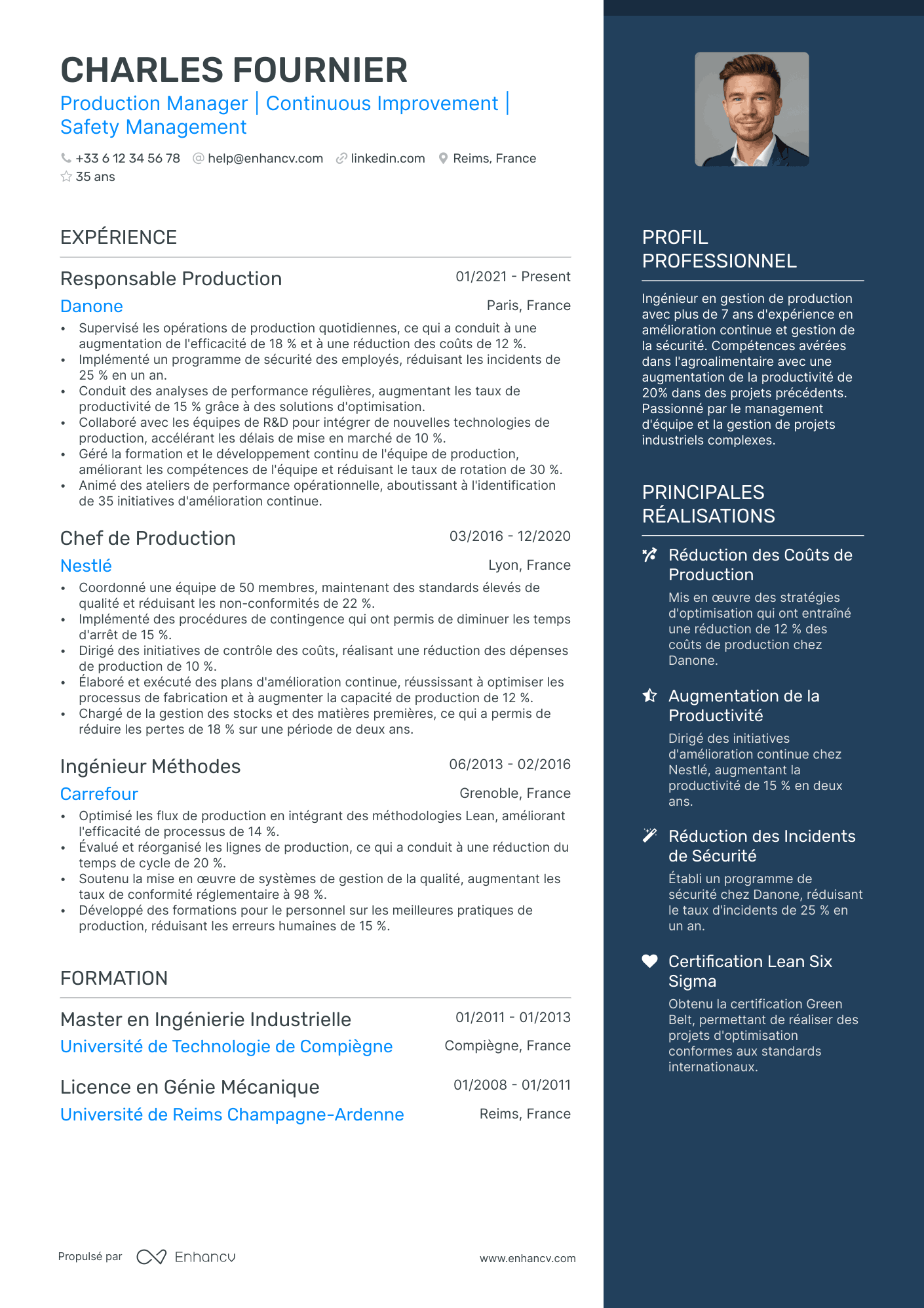 Manager de Production Resume Example