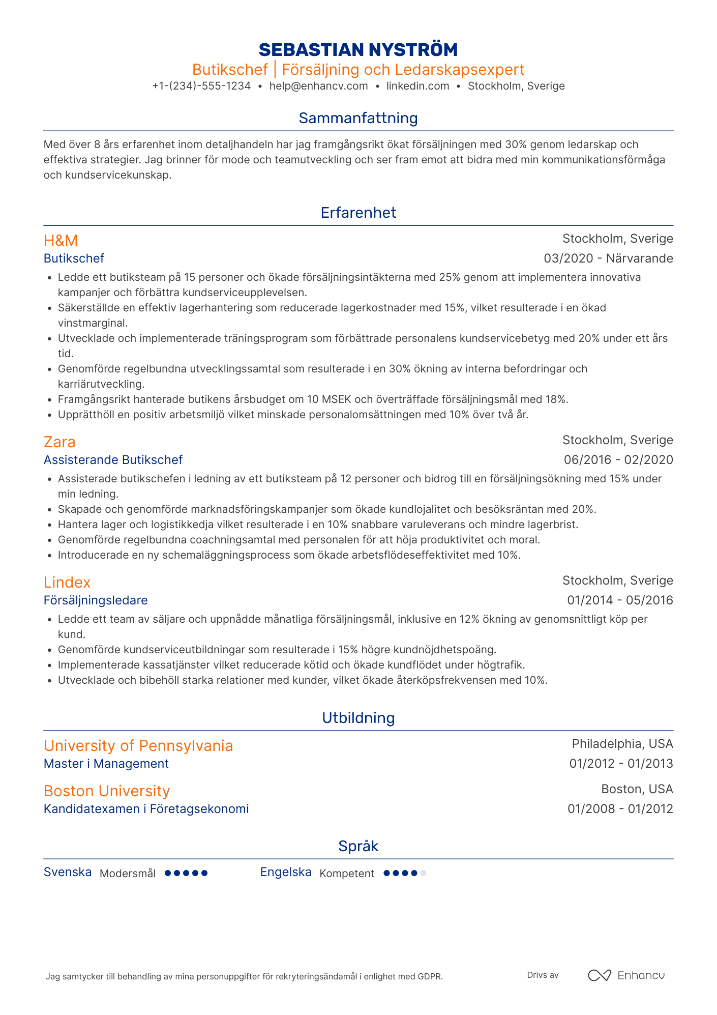 CV för Butikschef för Klädbutik Resume Example